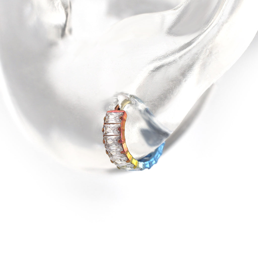 Iridescent Chunky Iced Out Square CZ Titanium Lobe Ring - Iridescent Chunky Iced Out Square CZ Titanium Lobe Ring - Rainbow by CRUXJEWELRY