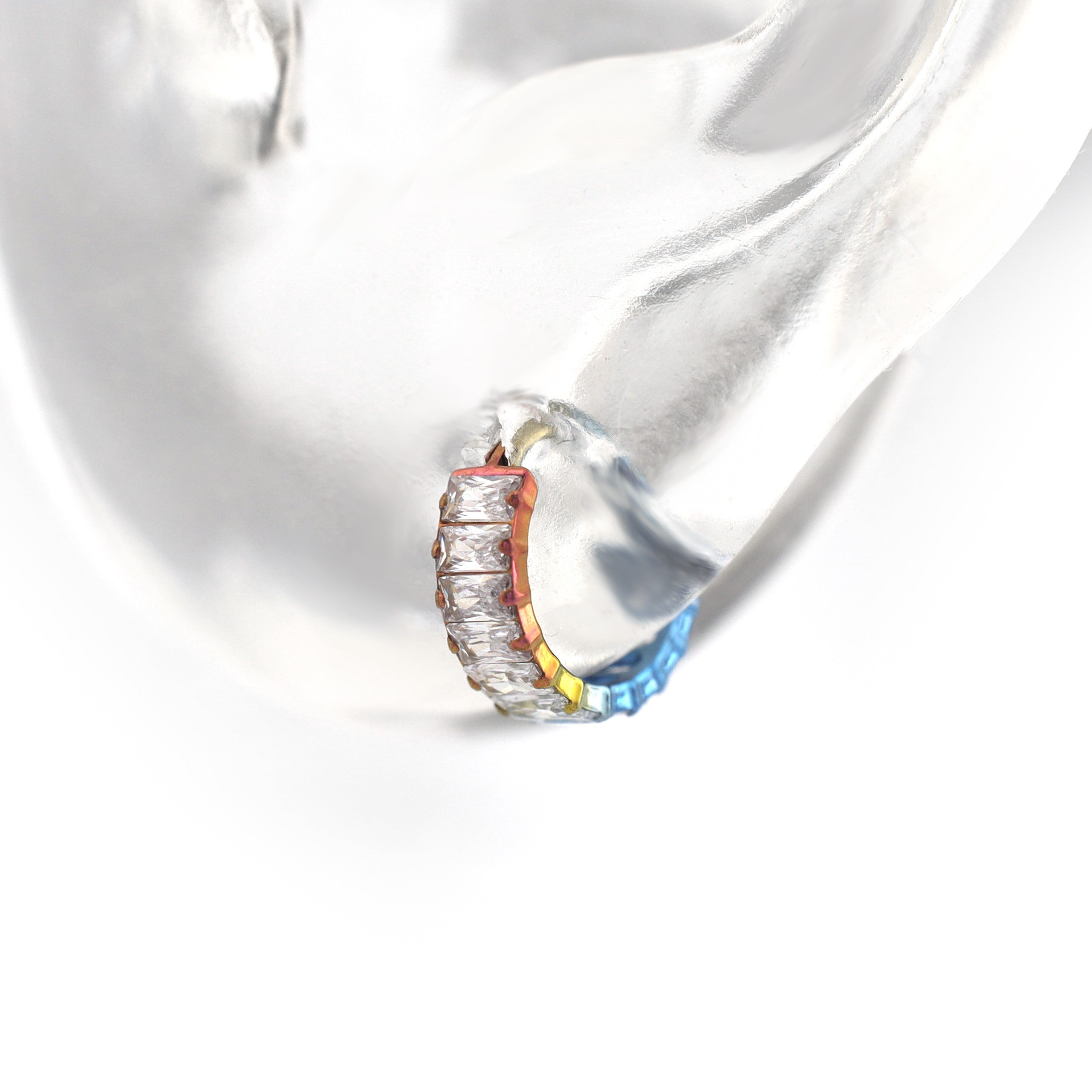 Iridescent Chunky Iced Out Square CZ Titanium Lobe Ring - Iridescent Chunky Iced Out Square CZ Titanium Lobe Ring - Rainbow by CRUXJEWELRY