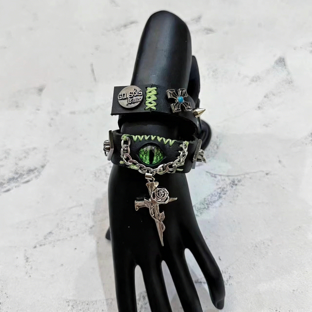 2-in-1 Gothic Black Leather Choker & Wrap Bracelet - Green Dragon Eye Necklace - Gun & Rose Charm - Toxic Punk Style