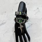2-in-1 Gothic Black Leather Choker & Wrap Bracelet - Green Dragon Eye Necklace - Gun & Rose Charm - Toxic Punk Style