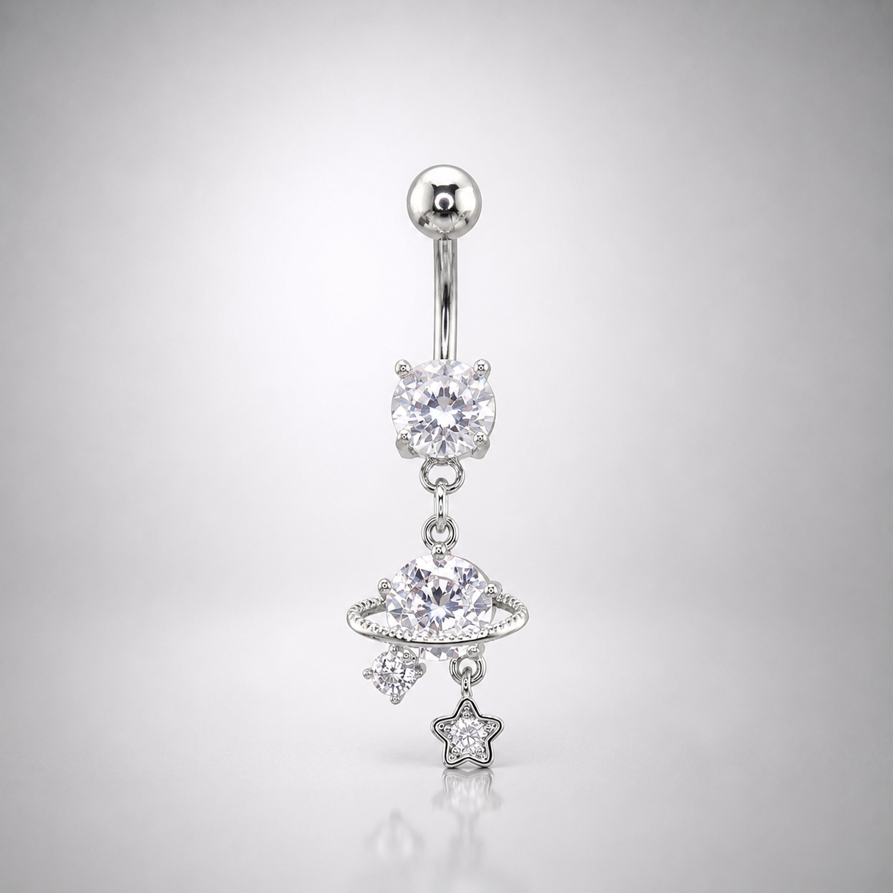 Anneau de nombril avec pendentif Saturne en zircon cubique 