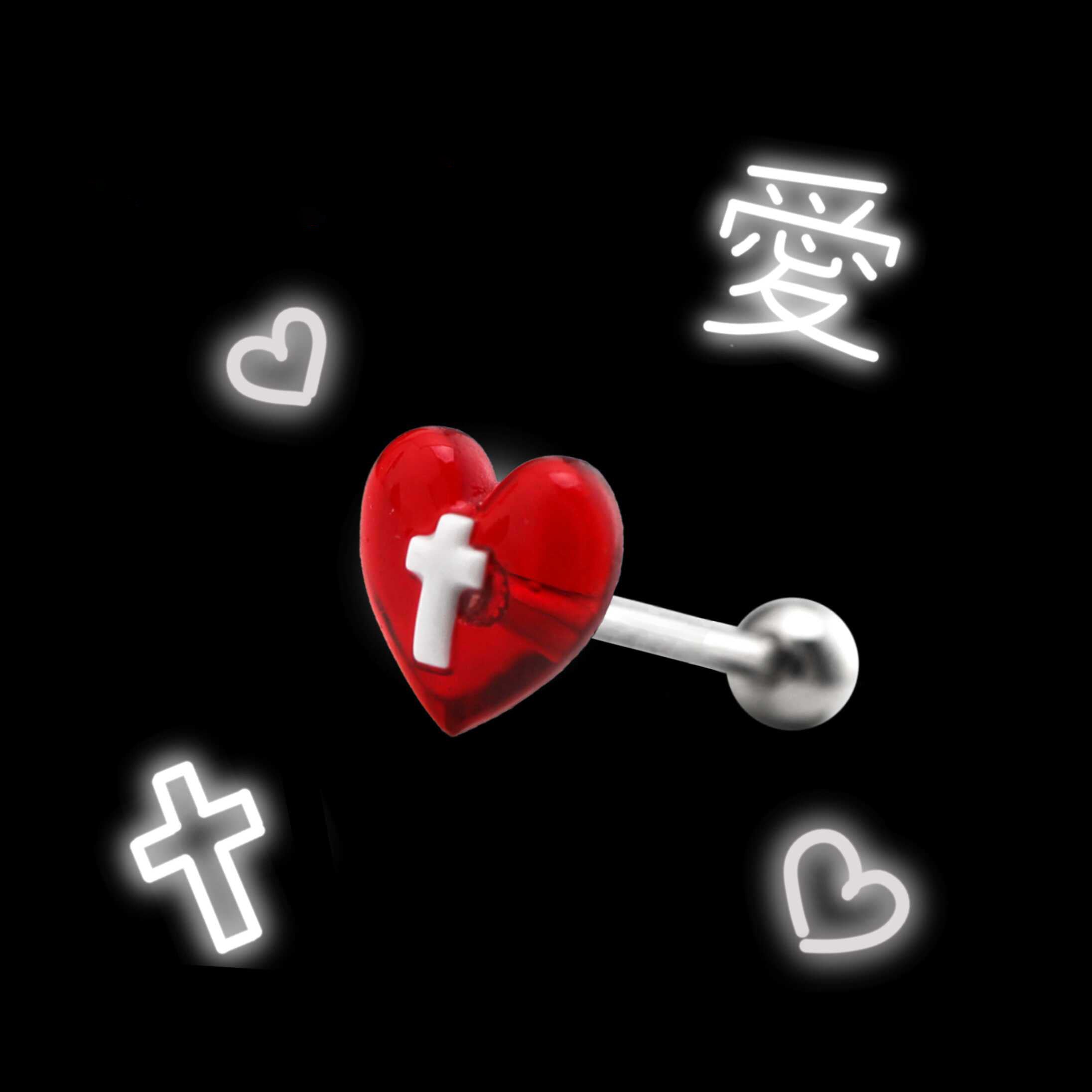 CRUX - Resin Heart Cross stainless steel Tongue Stud - CRUX - Resin Heart Cross stainless steel Tongue Stud - 1.2mm/16G / 12mm by CRUXJEWELRY