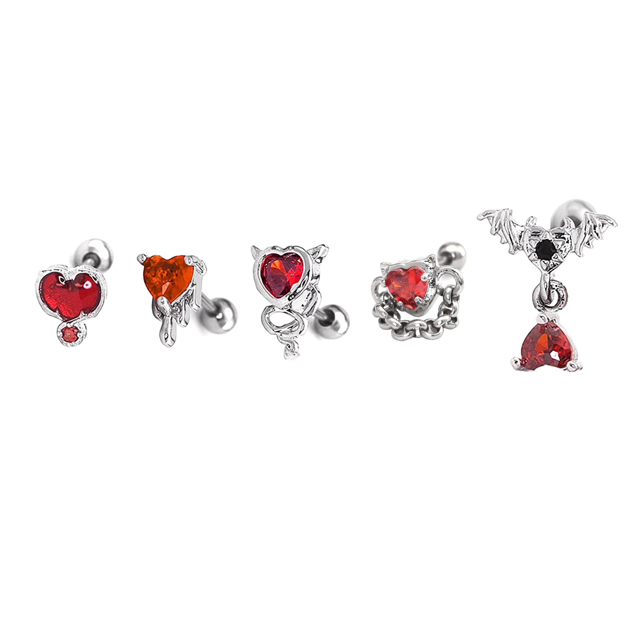 5PCS Red CZ Demon Stainless Steel Ear Studs SET - 5PCS Red CZ Demon Stainless Steel Ear Studs SET - Default Title by CRUXJEWELRY