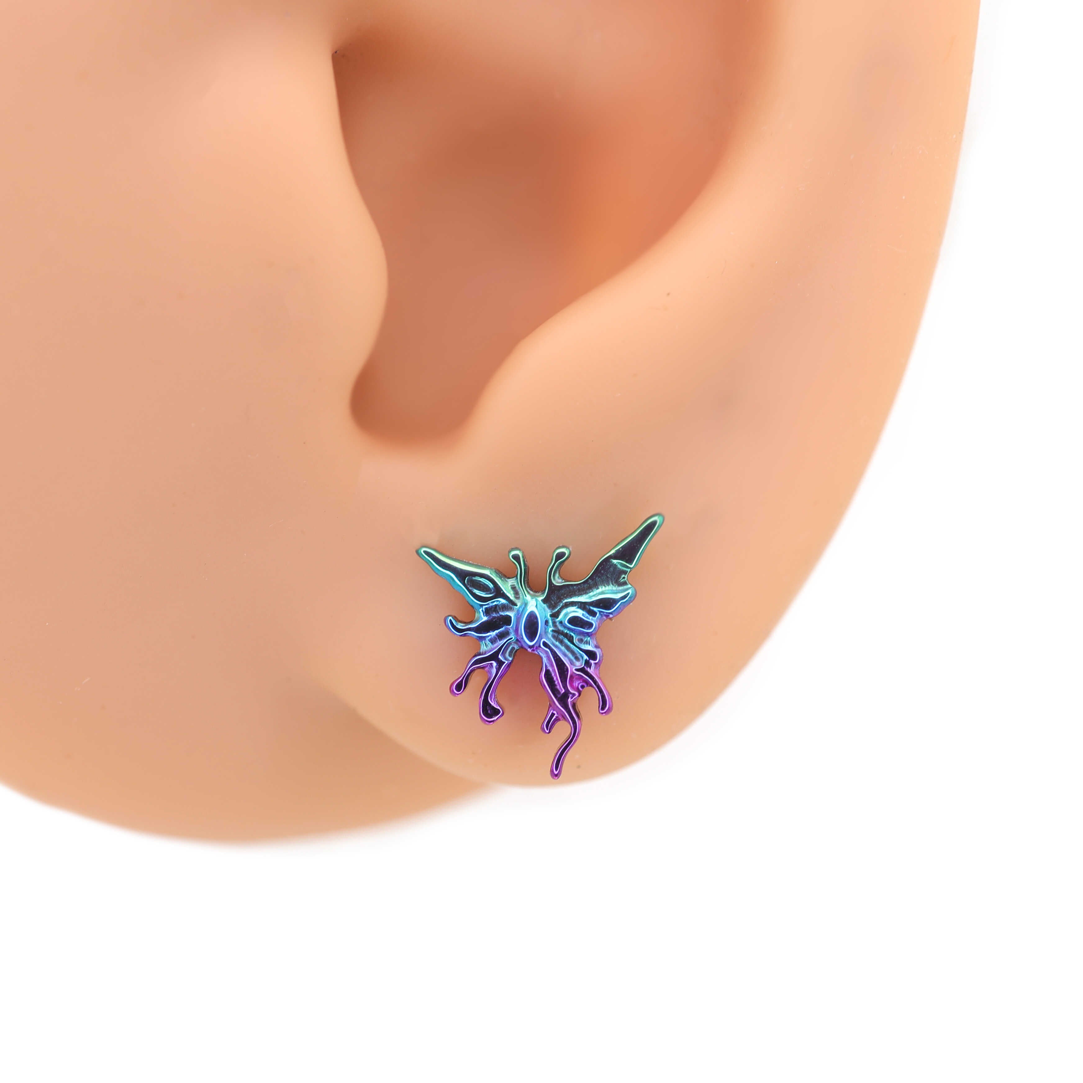 Colorful Engraved Asymmetric Butterfly Internally Threaded Titanium Studs - Colorful Engraved Asymmetric Butterfly Internally Threaded Titanium Studs - Sliver / 5mm by CRUXJEWELRY
