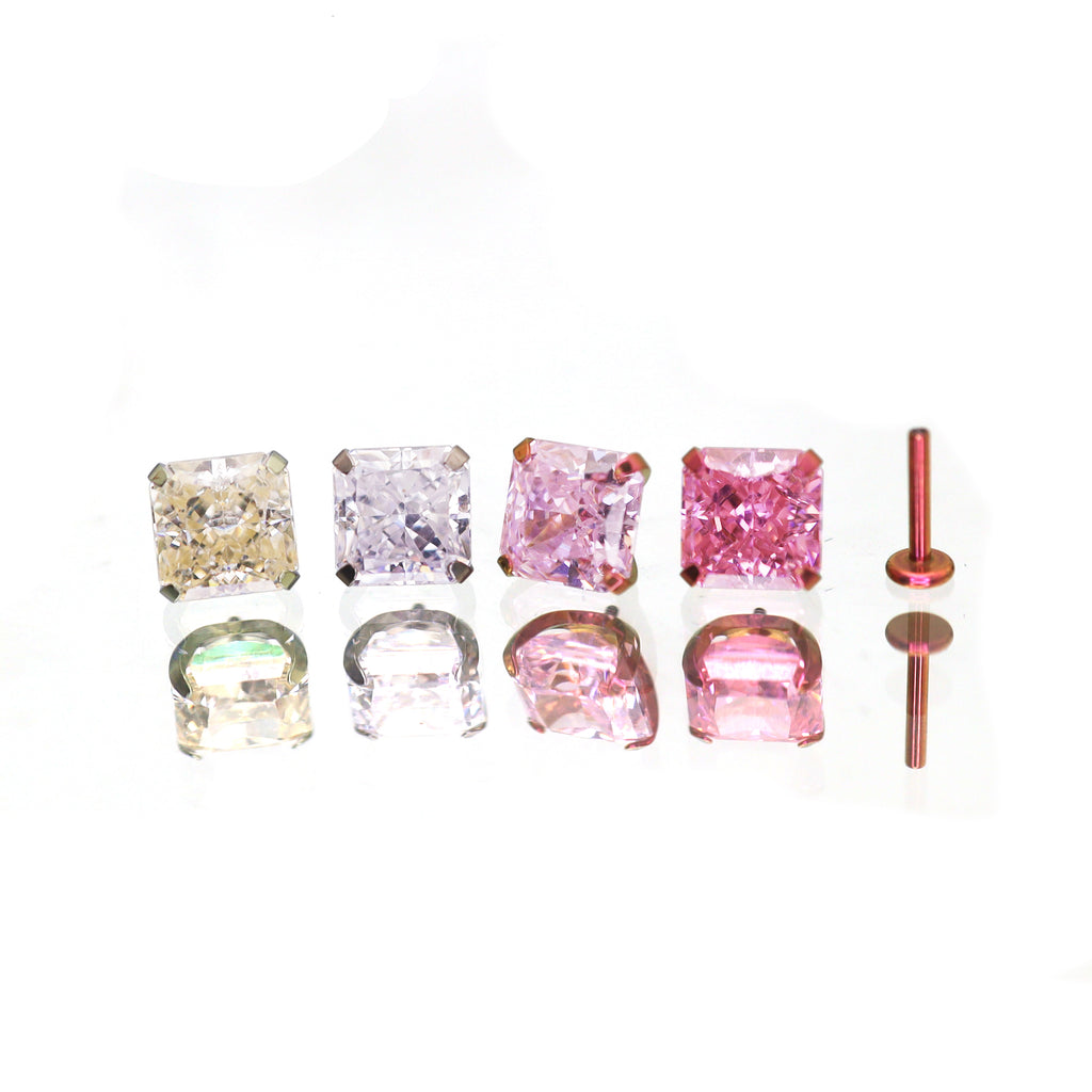 Square Pink & White CZ Titanium Ear Studs - Square Pink & White CZ Titanium Ear Studs - Deep Pink / 6mm / 6mm by CRUXJEWELRY