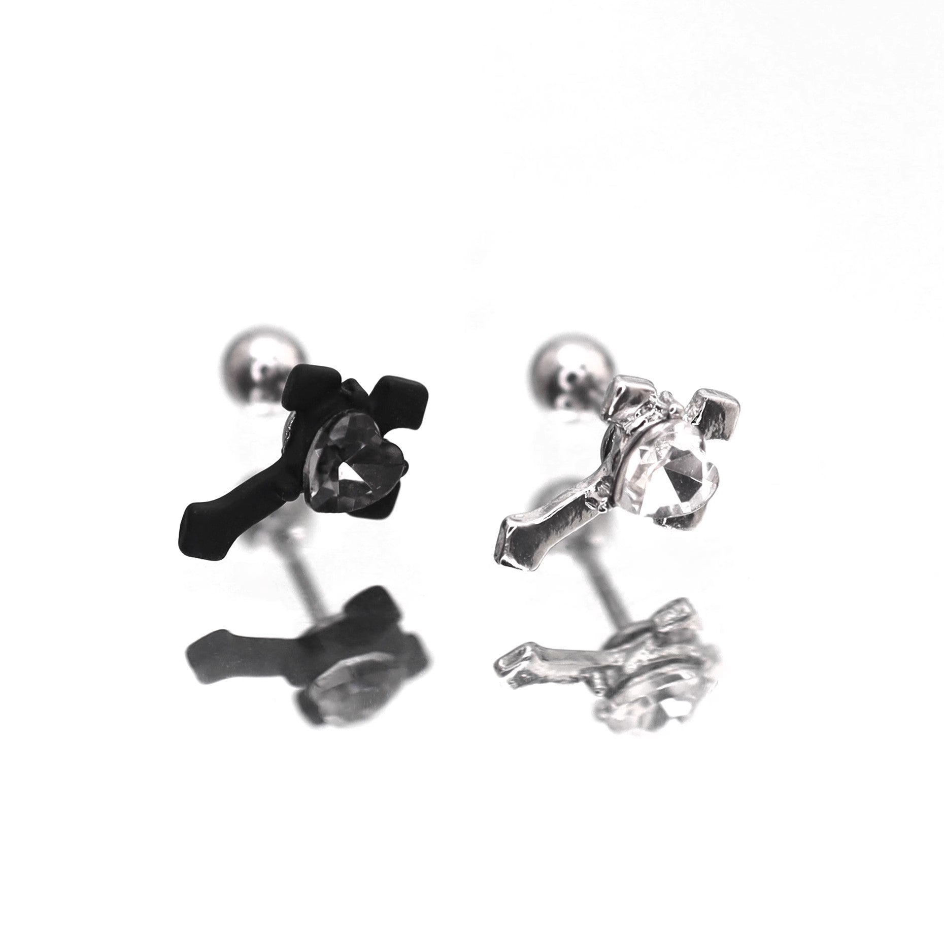 PAIR OF Heart CZ Cross stainless steel Ear Studs - PAIR OF Heart CZ Cross stainless steel Ear Studs - Pair of Black / 0.8mm/20G by CRUXJEWELRY