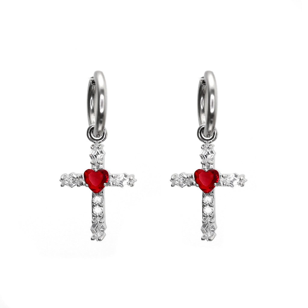 CRUX - PAIR OF Heart CZ Large Cross stainless steel Earrings - CRUX - PAIR OF Heart CZ Large Cross stainless steel Earrings - Red by CRUXJEWELRY
