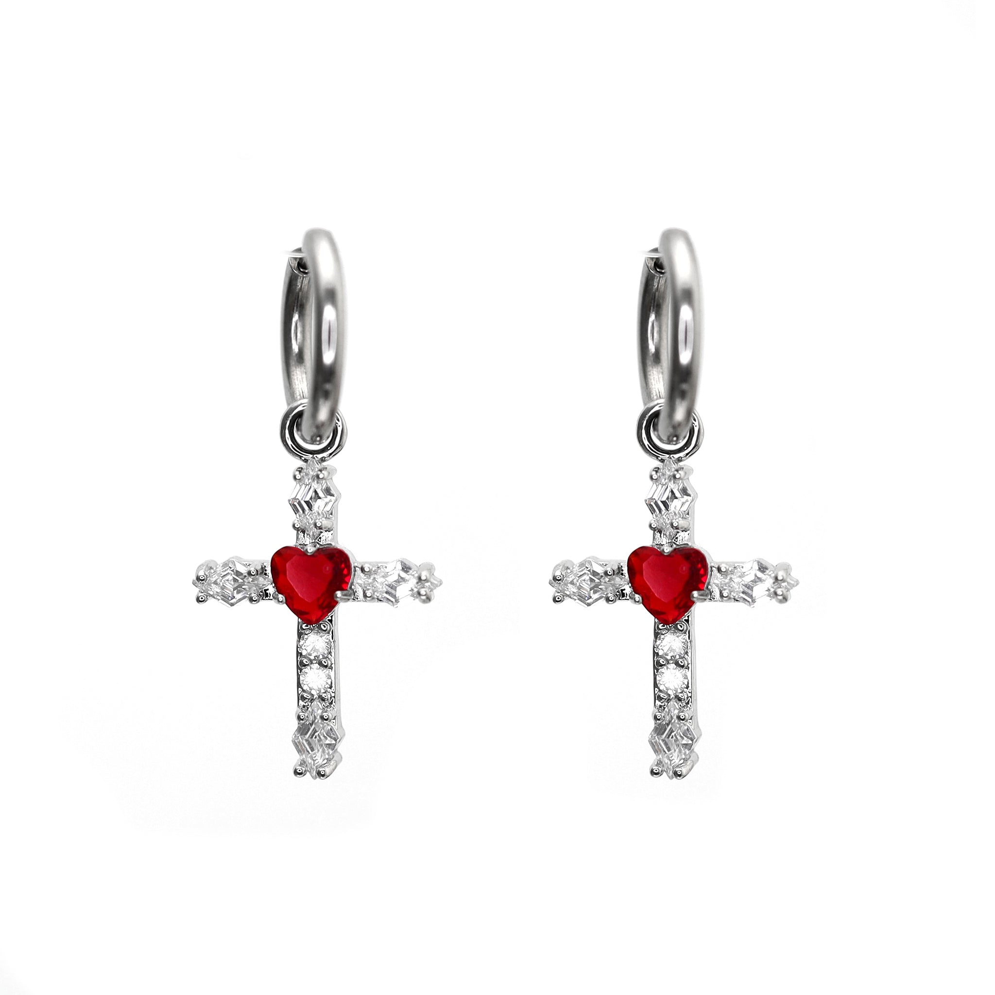 CRUX - PAIR OF Heart CZ Large Cross stainless steel Earrings - CRUX - PAIR OF Heart CZ Large Cross stainless steel Earrings - Red by CRUXJEWELRY