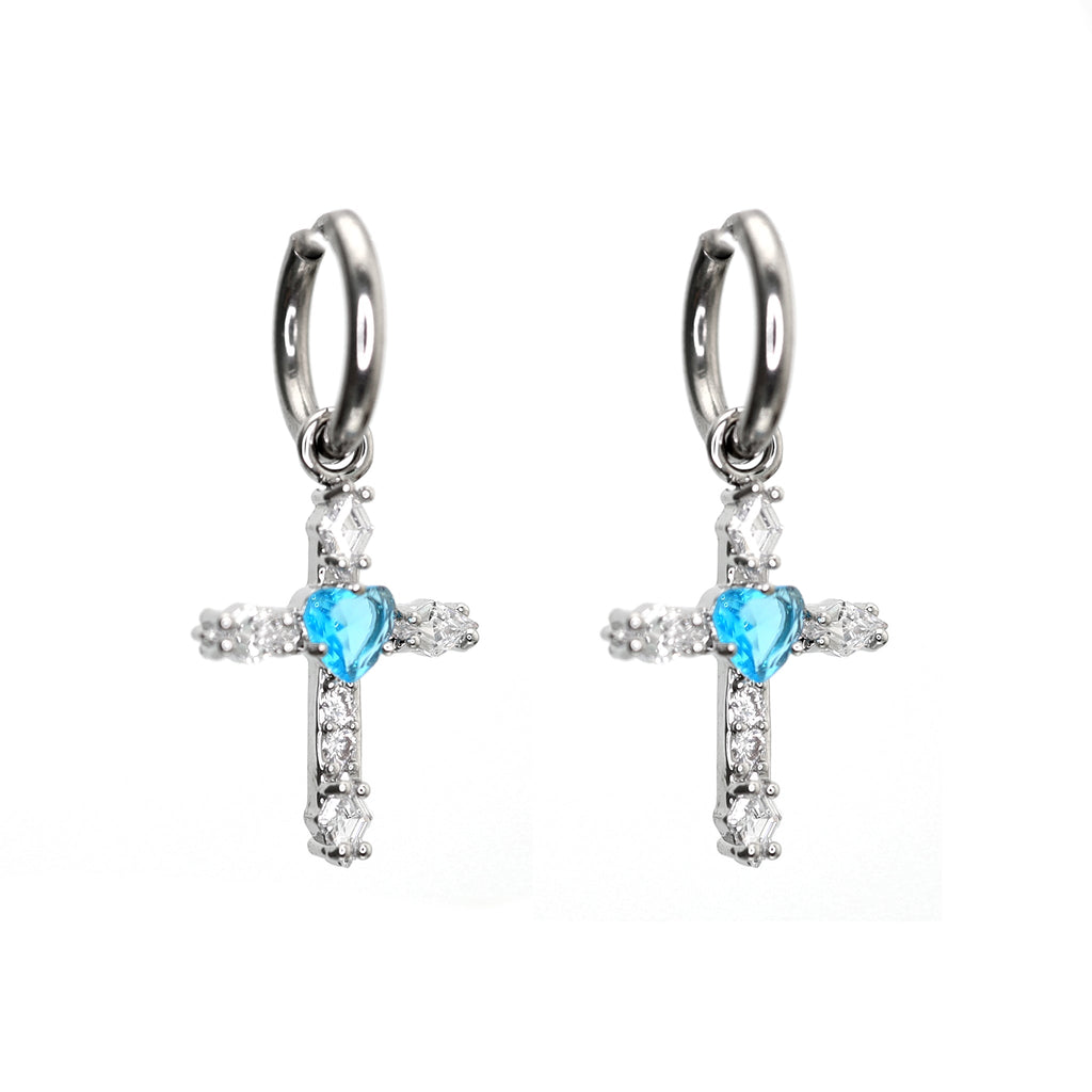 CRUX - PAIR OF Heart CZ Large Cross stainless steel Earrings - CRUX - PAIR OF Heart CZ Large Cross stainless steel Earrings - Blue by CRUXJEWELRY