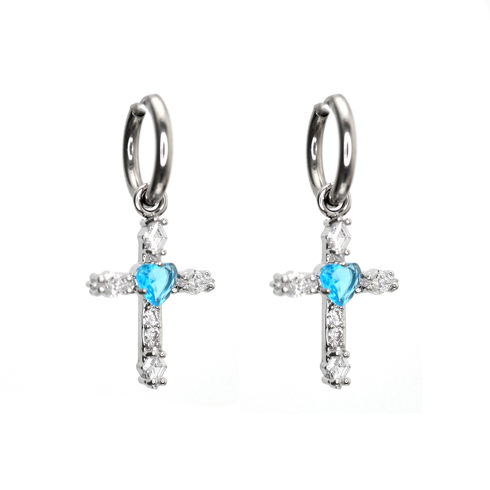 CRUX - PAIR OF Heart CZ Large Cross stainless steel Earrings - CRUX - PAIR OF Heart CZ Large Cross stainless steel Earrings - Blue by CRUXJEWELRY