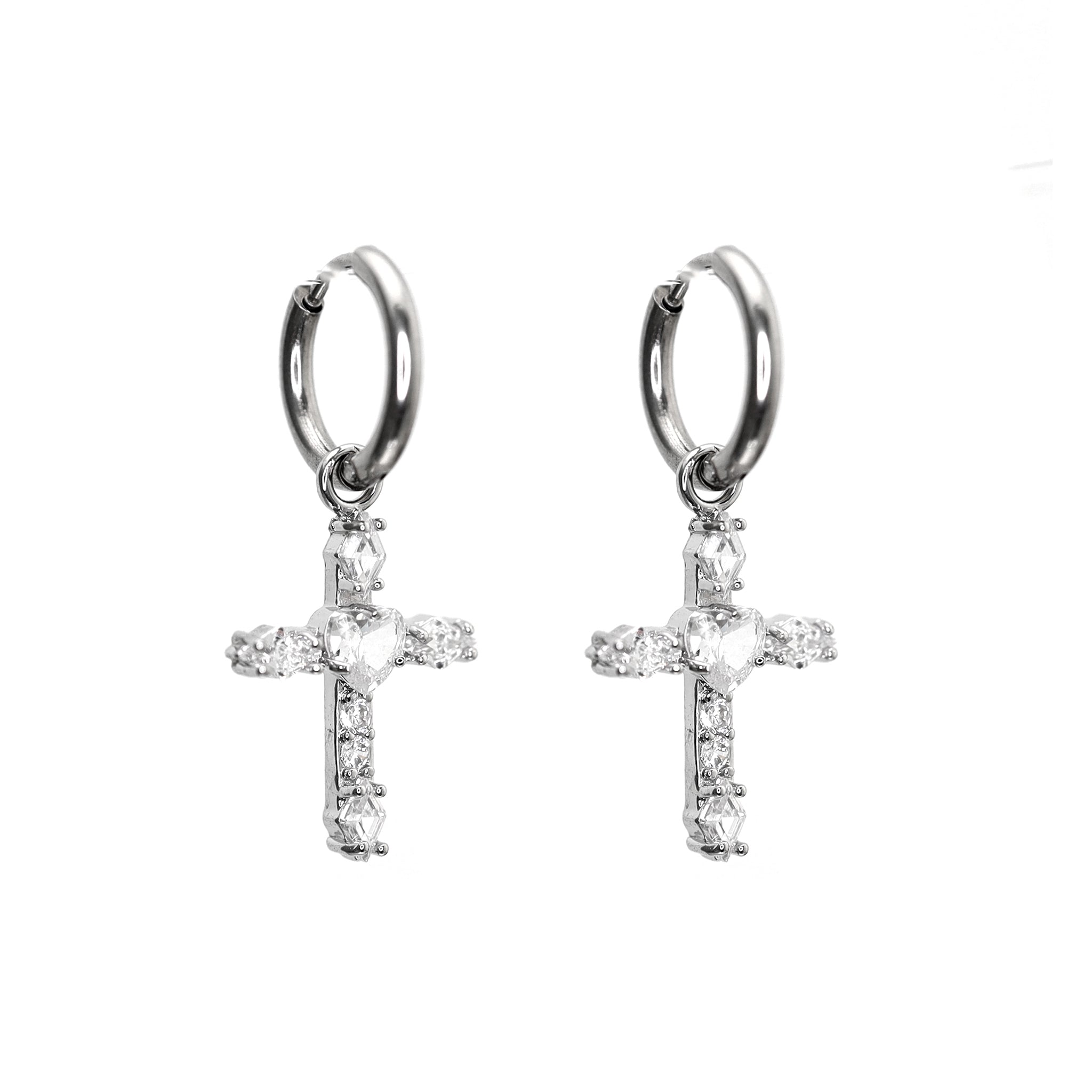 CRUX - PAIR OF Heart CZ Large Cross stainless steel Earrings - CRUX - PAIR OF Heart CZ Large Cross stainless steel Earrings - White by CRUXJEWELRY