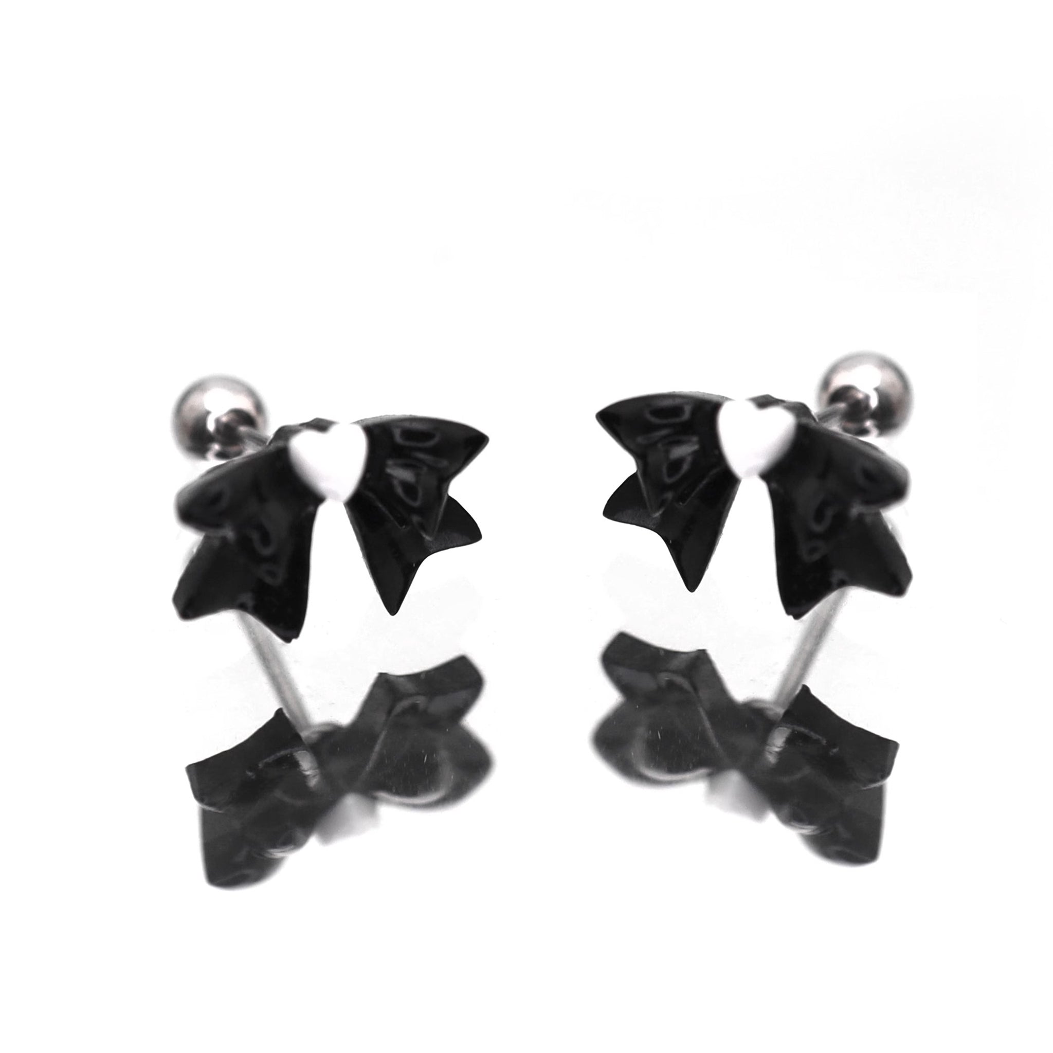 Black & White Heart Bow Stainless Steel Ear Studs - Black & White Heart Bow Stainless Steel Ear Studs - Set / 0.8mm/20G by CRUXJEWELRY