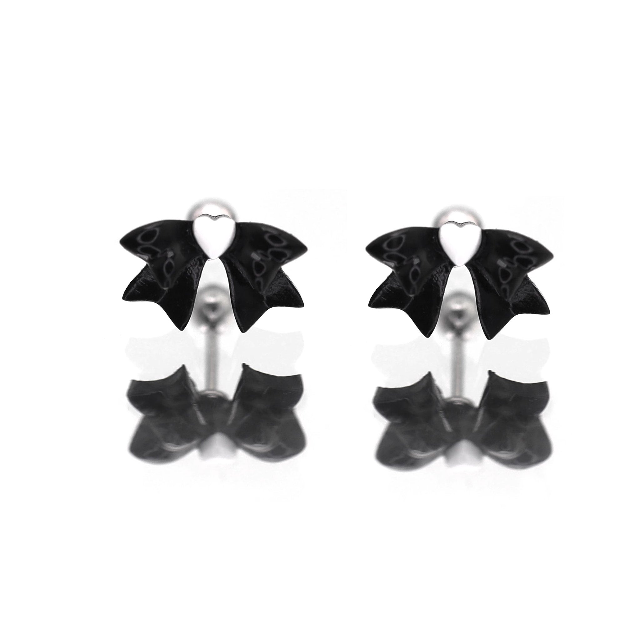 Black & White Heart Bow Stainless Steel Ear Studs - Black & White Heart Bow Stainless Steel Ear Studs - Single / 0.8mm/20G by CRUXJEWELRY
