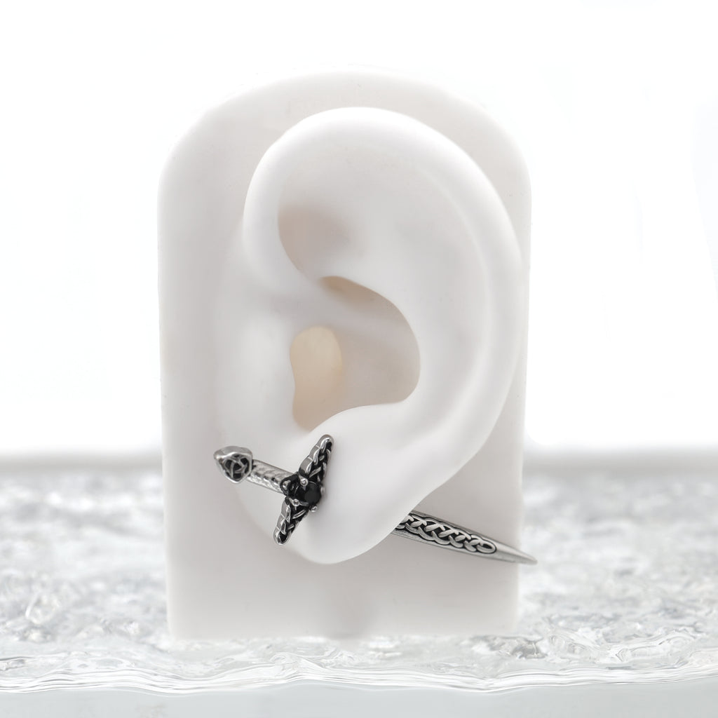 Engraved Dark Sword Stainless Steel Ear Studs - Engraved Dark Sword Stainless Steel Ear Studs - Single by CRUXJEWELRY