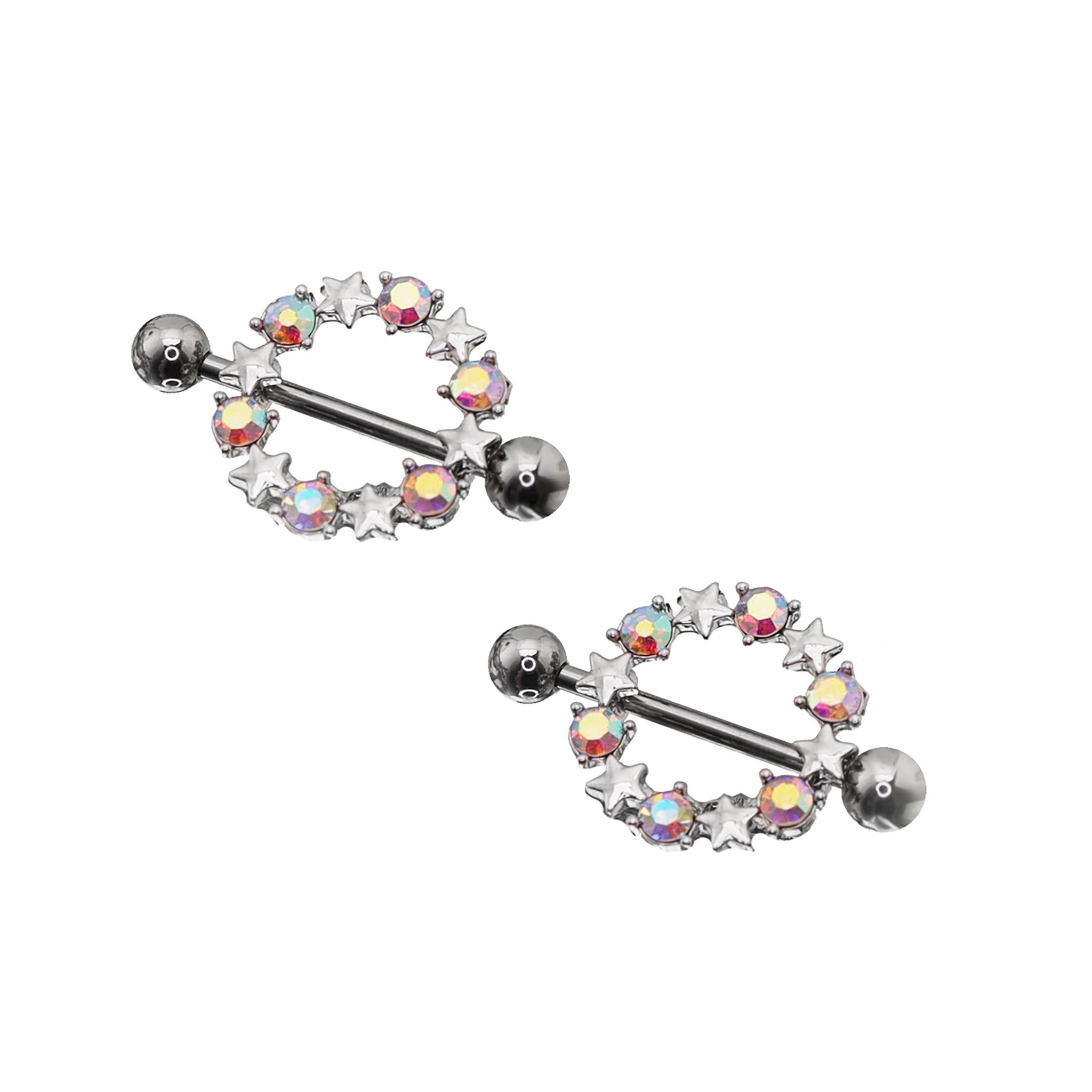 Christmas - PAIR OF Pentagram Floral Halo stainless steel Nipple Rings - Christmas - PAIR OF Pentagram Floral Halo stainless steel Nipple Rings - Rainbow by CRUXJEWELRY