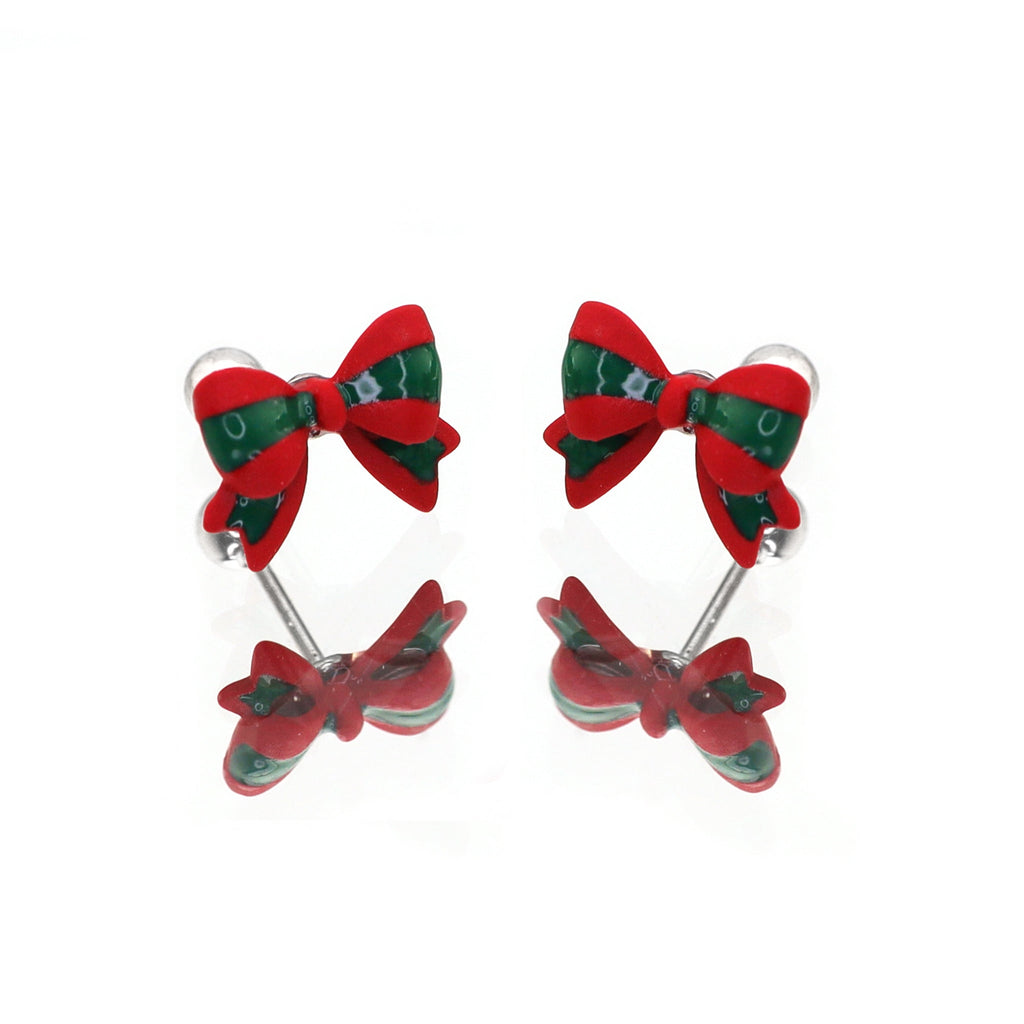 Christmas - Red & Green Bow Stainless Steel Ear Studs - Christmas - Red & Green Bow Stainless Steel Ear Studs - Single / 0.8mm/20G by CRUXJEWELRY