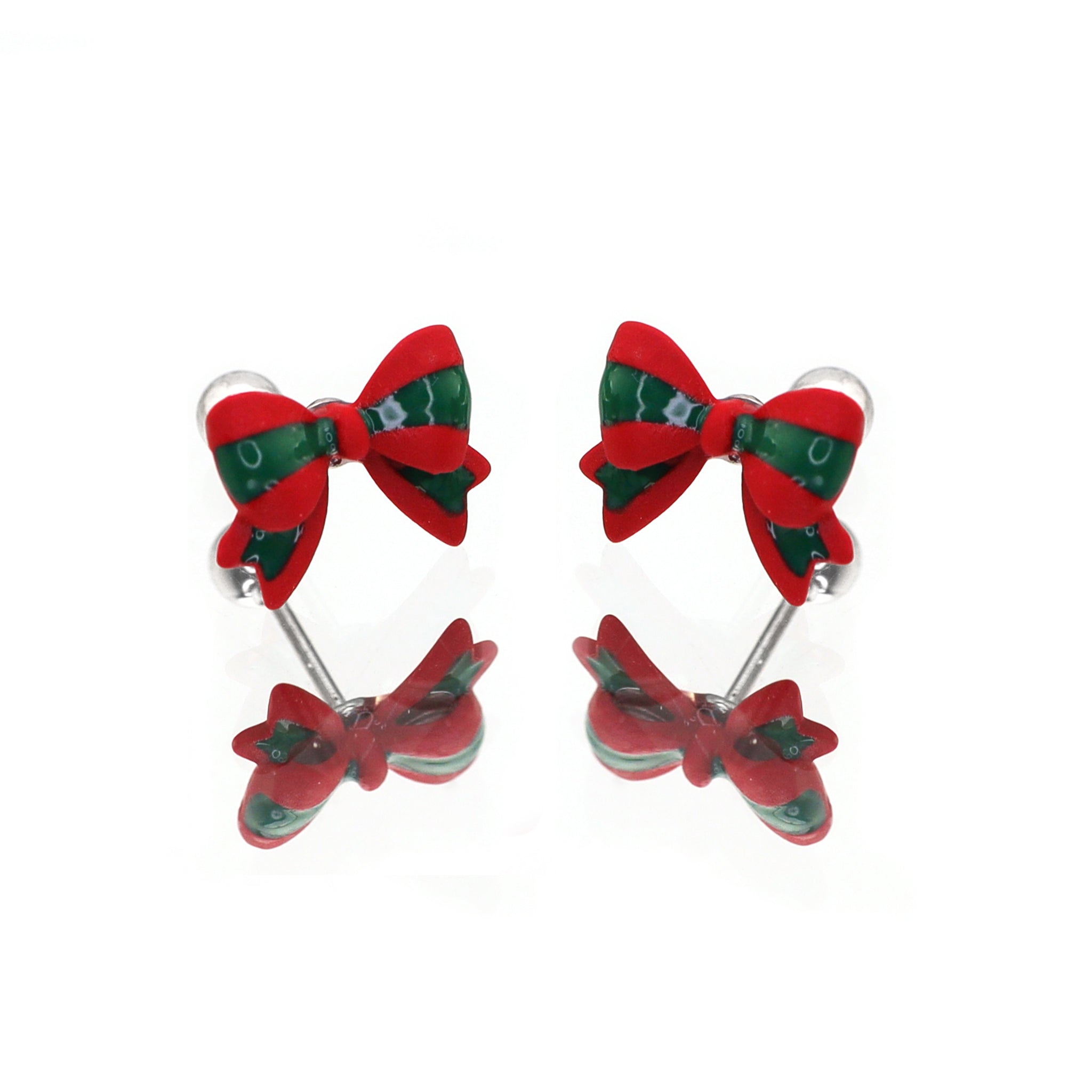 Christmas - Red & Green Bow Stainless Steel Ear Studs - Christmas - Red & Green Bow Stainless Steel Ear Studs - Single / 0.8mm/20G by CRUXJEWELRY