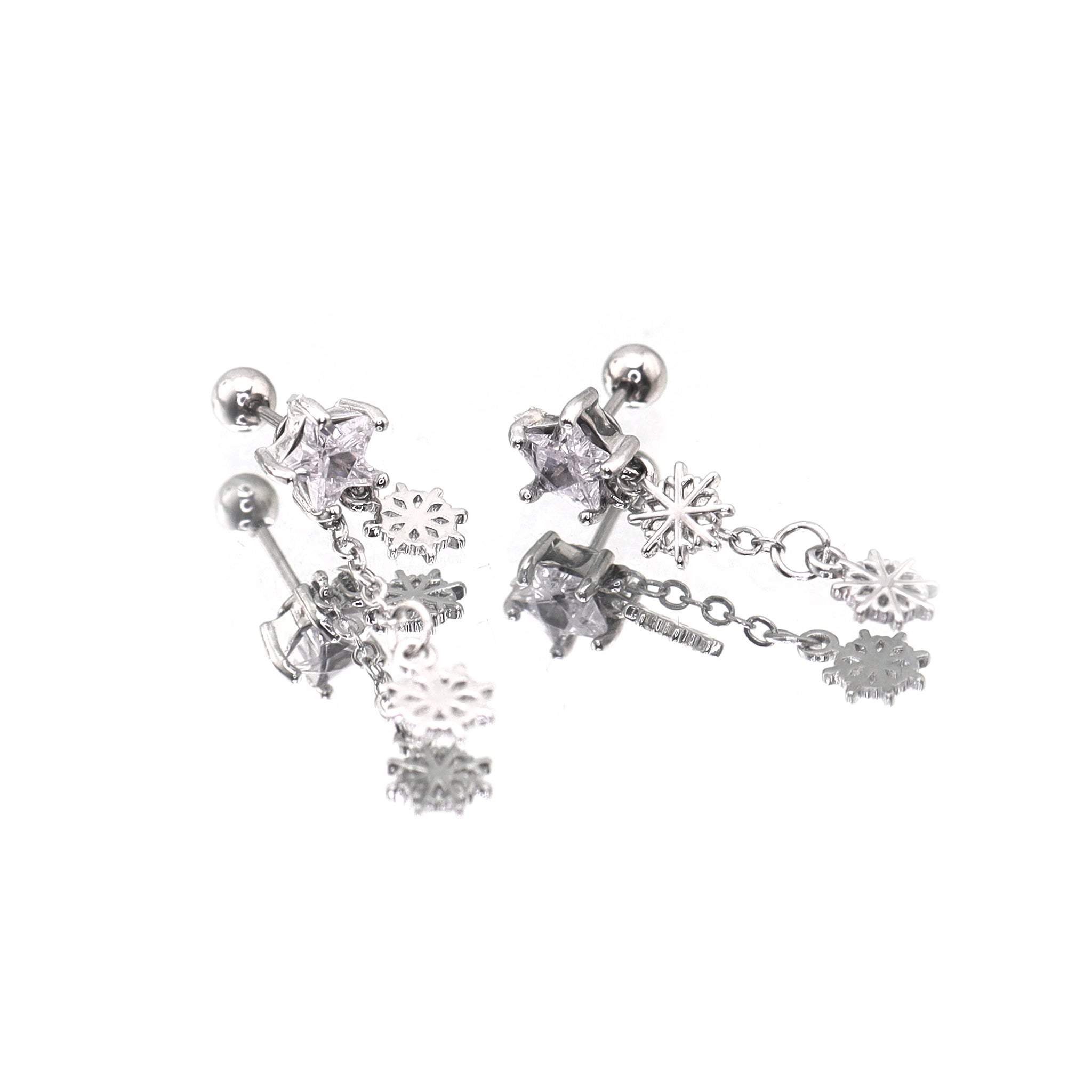 Christmas - PAIR OF Snowflake Pentagram Dangle Stainless Steel Ear Studs - Christmas - PAIR OF Snowflake Pentagram Dangle Stainless Steel Ear Studs - 0.8mm/20G by CRUXJEWELRY