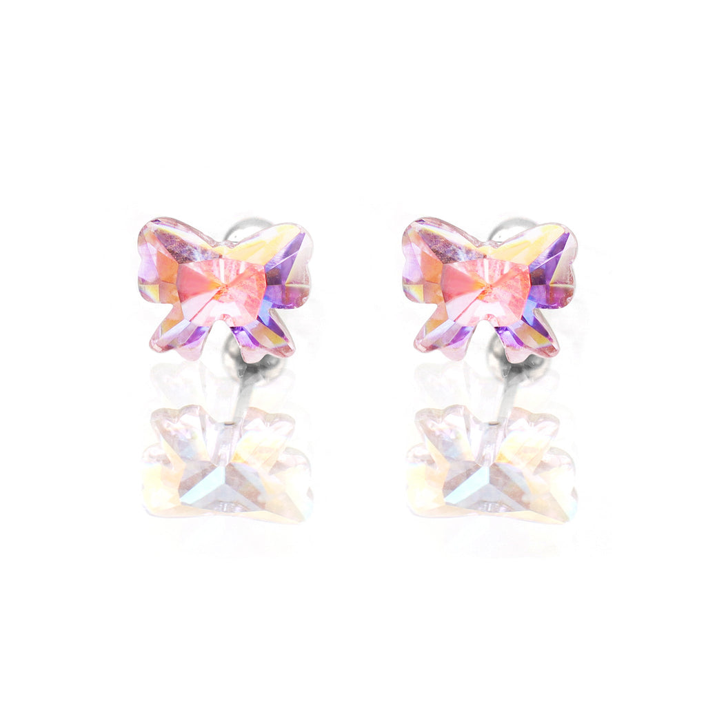 PAIR OF Sweet Bow Refractive CZ stainless steel Ear Studs - PAIR OF Sweet Bow Refractive CZ stainless steel Ear Studs - Pink by CRUXJEWELRY