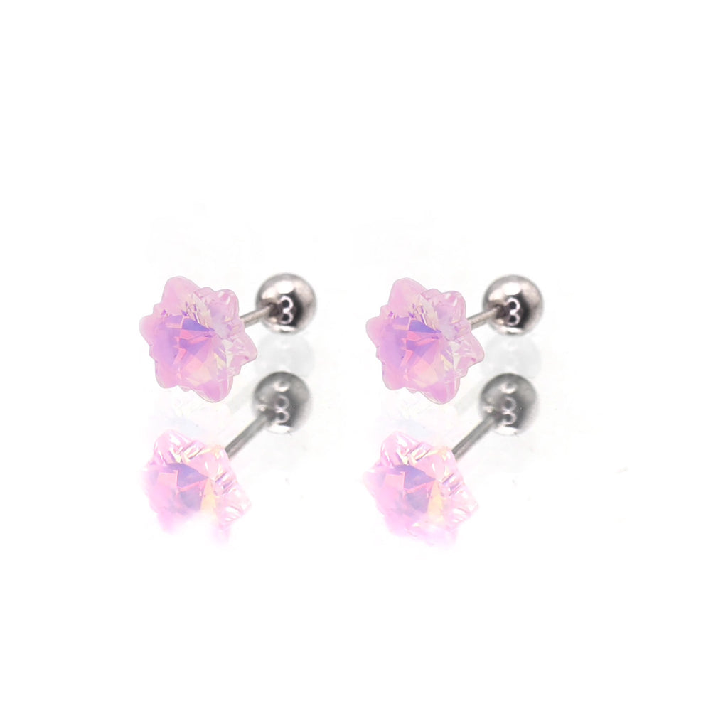 PAIR OF Mocha CZ Colorful Snowflake stainless steel Ear Studs - PAIR OF Mocha CZ Colorful Snowflake stainless steel Ear Studs - Pink by CRUXJEWELRY