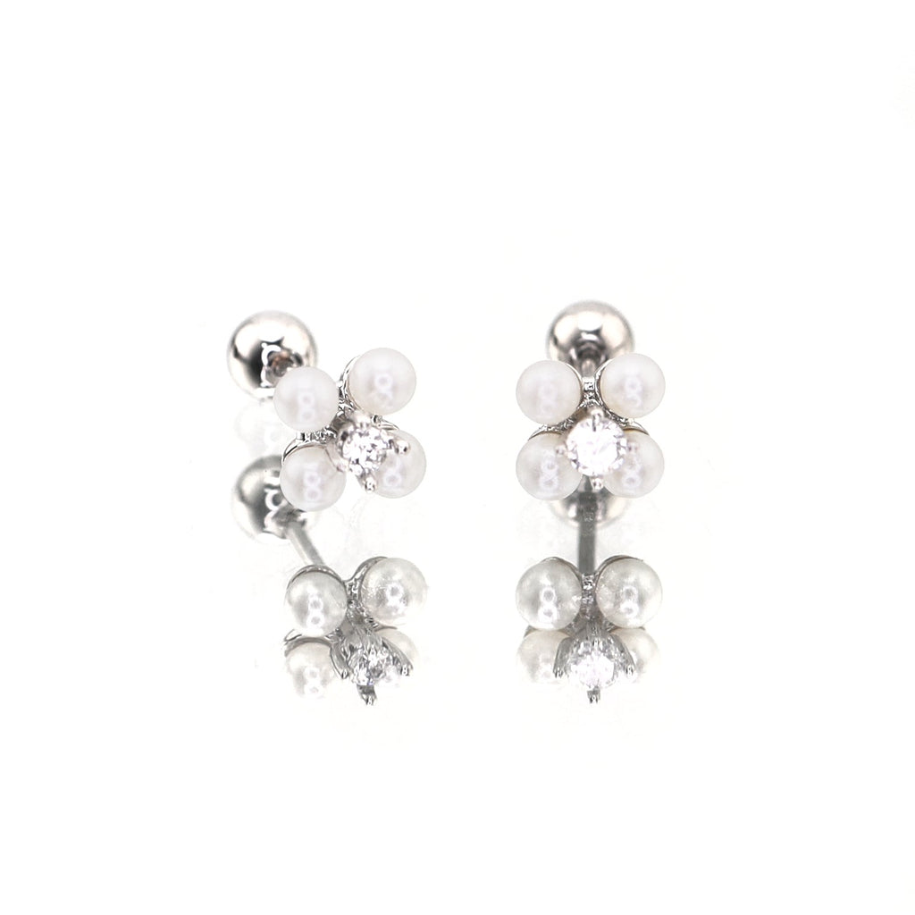 Pearl & Four Leaf Clover white-gold-plated copper Ear Studs - Pearl & Four Leaf Clover white-gold-plated copper Ear Studs - Single by CRUXJEWELRY