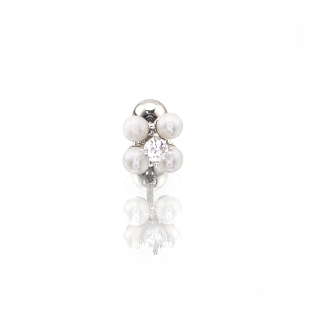 Pearl & Four Leaf Clover white-gold-plated copper Ear Studs - Pearl & Four Leaf Clover white-gold-plated copper Ear Studs - Single by CRUXJEWELRY