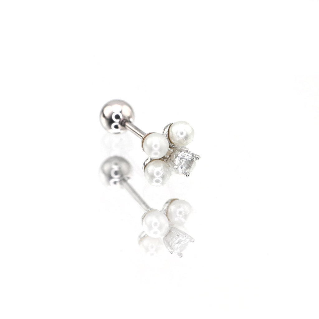 Pearl & Four Leaf Clover white-gold-plated copper Ear Studs - Pearl & Four Leaf Clover white-gold-plated copper Ear Studs - Single by CRUXJEWELRY