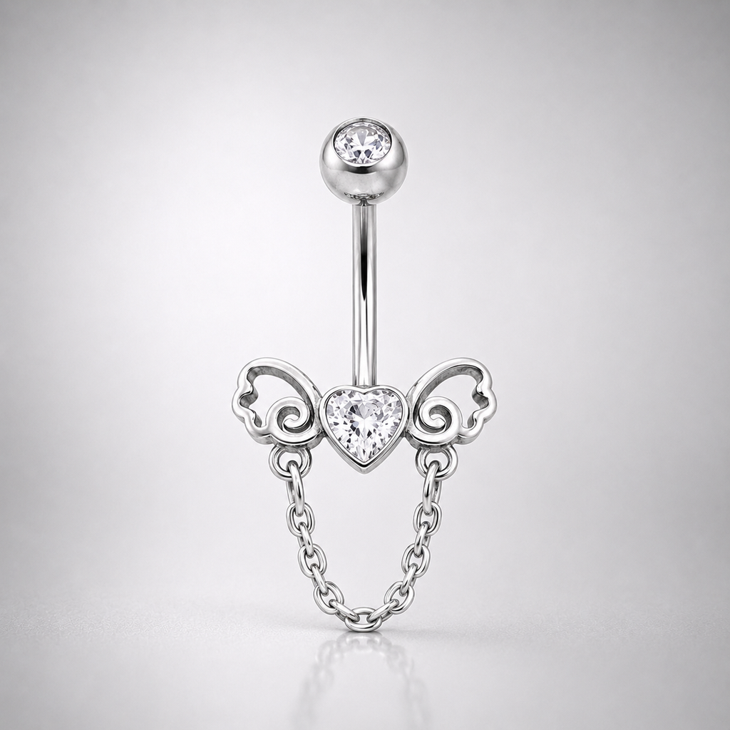 Heart-Shaped CZ Bow Tie Dangle Belly Ring