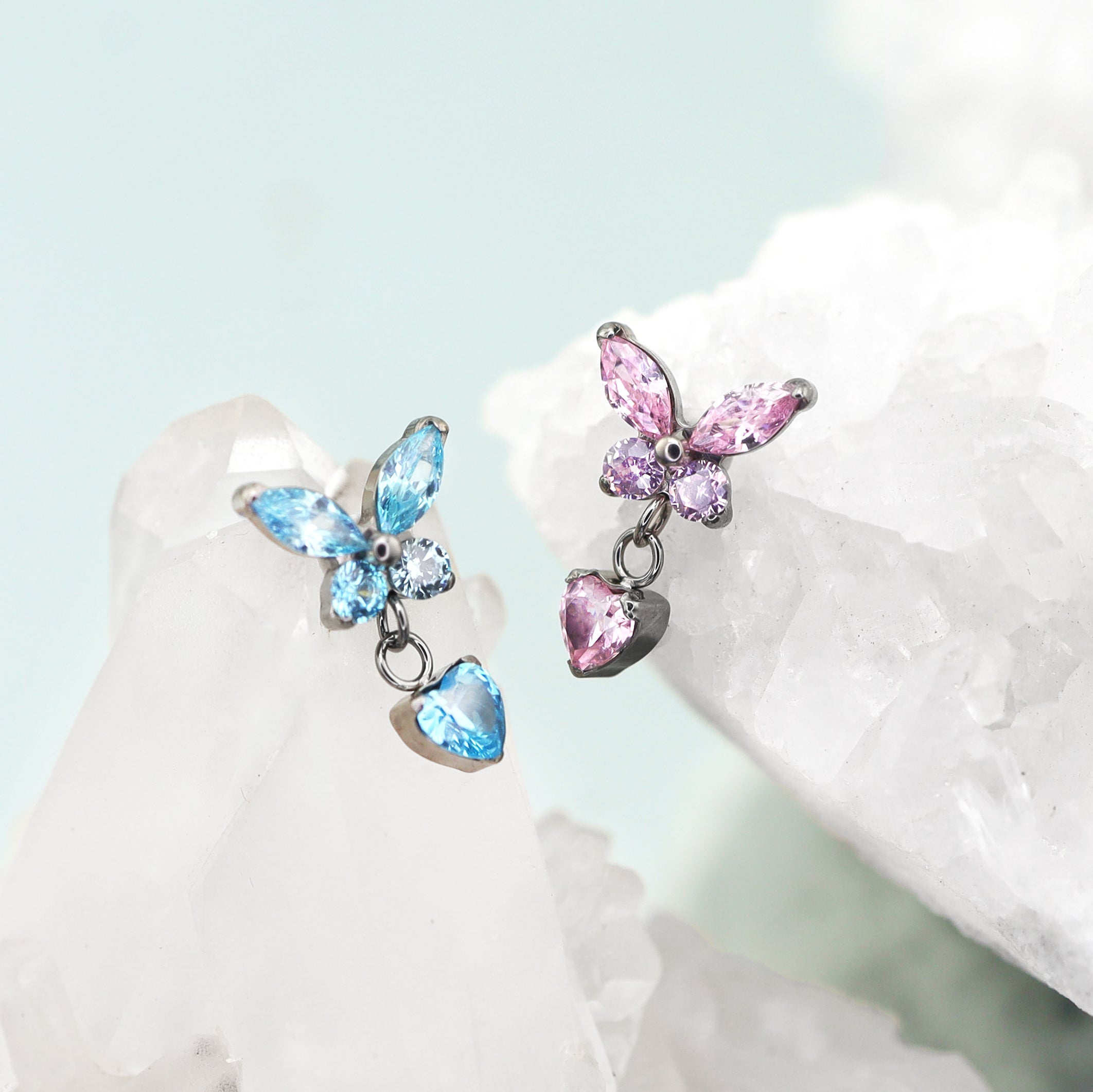 Butterfly & Heart Pendant CZ Titanium Labret Studs - Butterfly & Heart Pendant CZ Titanium Labret Studs - Blue / 6mm by CRUXJEWELRY