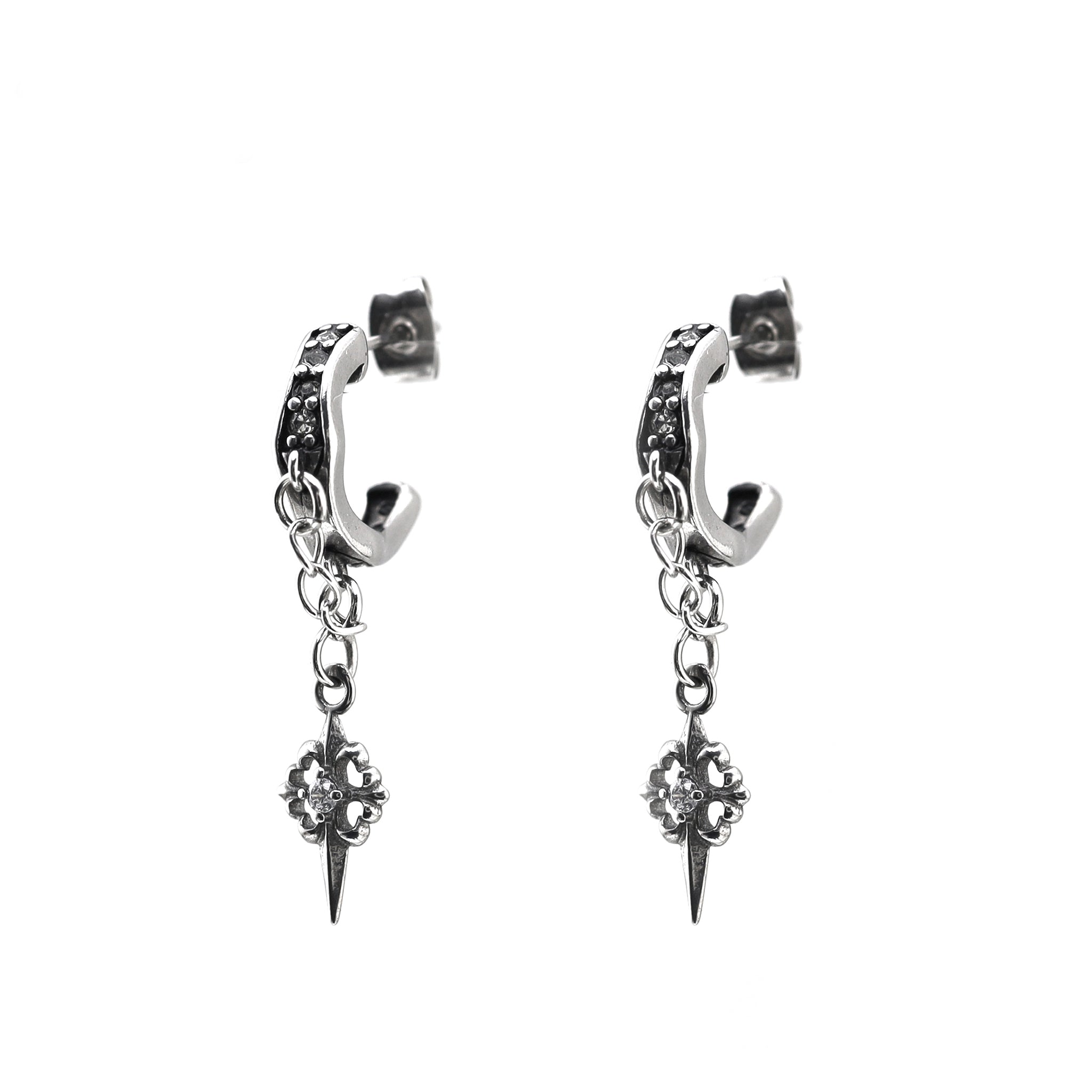 PAIR OF Thin Gauge Cross CZ Drop Chain Stainless steel Ear Studs - PAIR OF Thin Gauge Cross CZ Drop Chain Stainless steel Ear Studs - Default Title by CRUXJEWELRY
