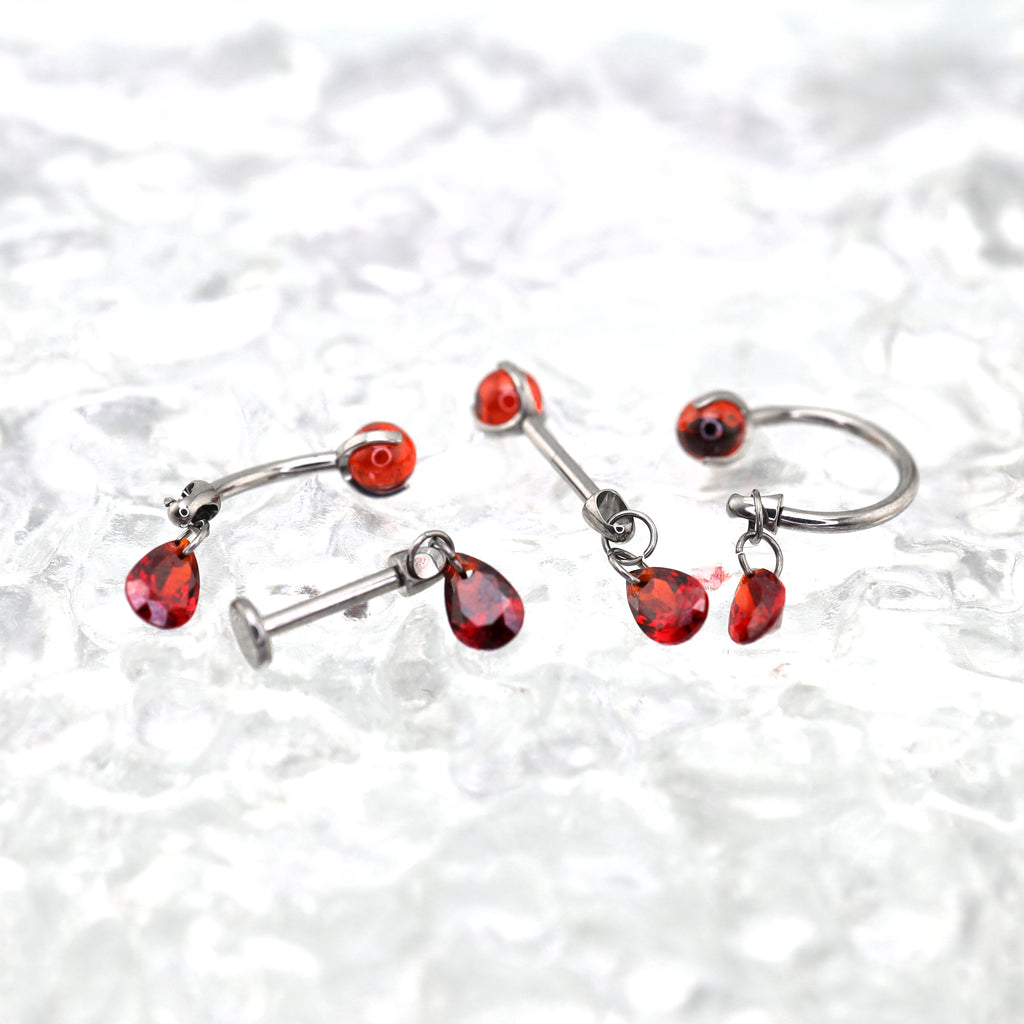 Gothic Red Teardrop Multi-Piercing Set in F136 Titanium - Gothic Red Teardrop Multi-Piercing Set in F136 Titanium - Horseshoe Ring / 6mm by CRUXJEWELRY