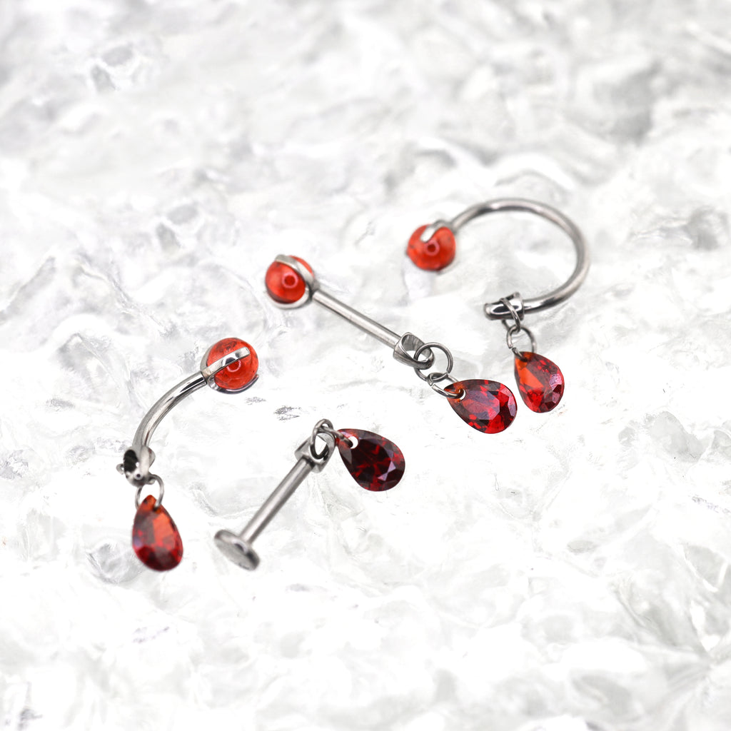 Gothic Red Teardrop Multi-Piercing Set in F136 Titanium - Gothic Red Teardrop Multi-Piercing Set in F136 Titanium - Horseshoe Ring / 6mm by CRUXJEWELRY