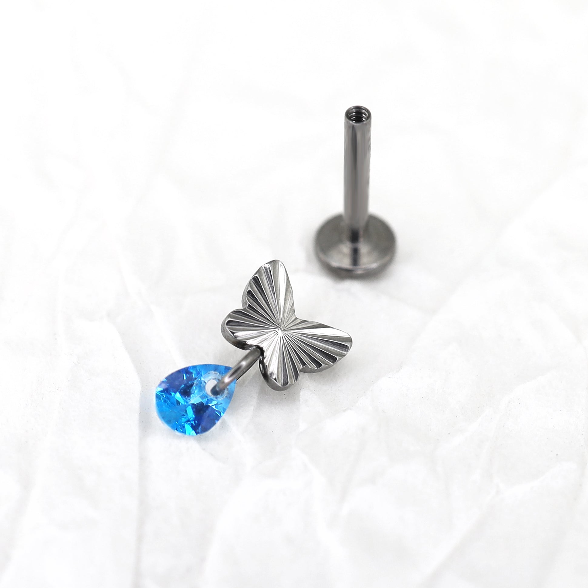 Engraved Butterfly Blue Teardrop Pendant Titanium Labret Studs - Engraved Butterfly Blue Teardrop Pendant Titanium Labret Studs - 6mm by CRUXJEWELRY