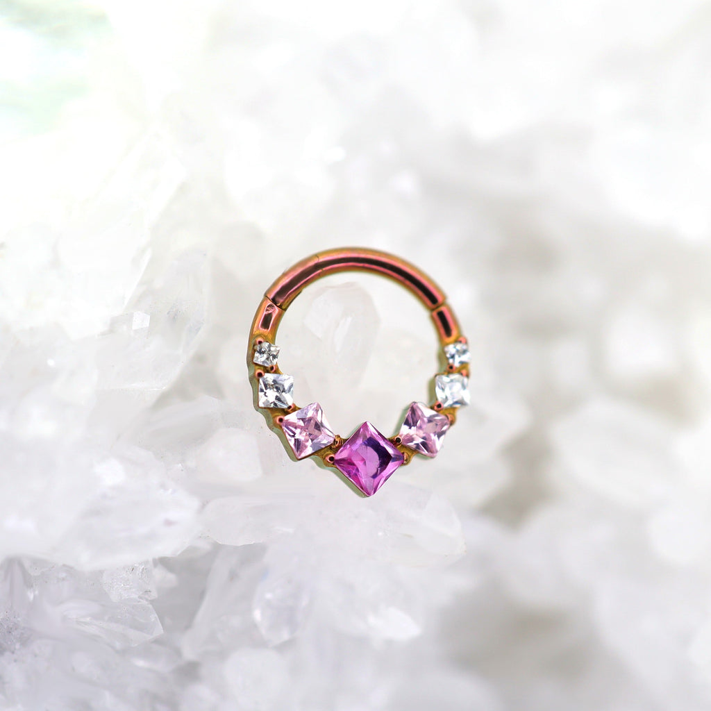 Square-Shaped Rainbow CZ Titanium Segment Hoop - Square-Shaped Rainbow CZ Titanium Segment Hoop - Pink by CRUXJEWELRY