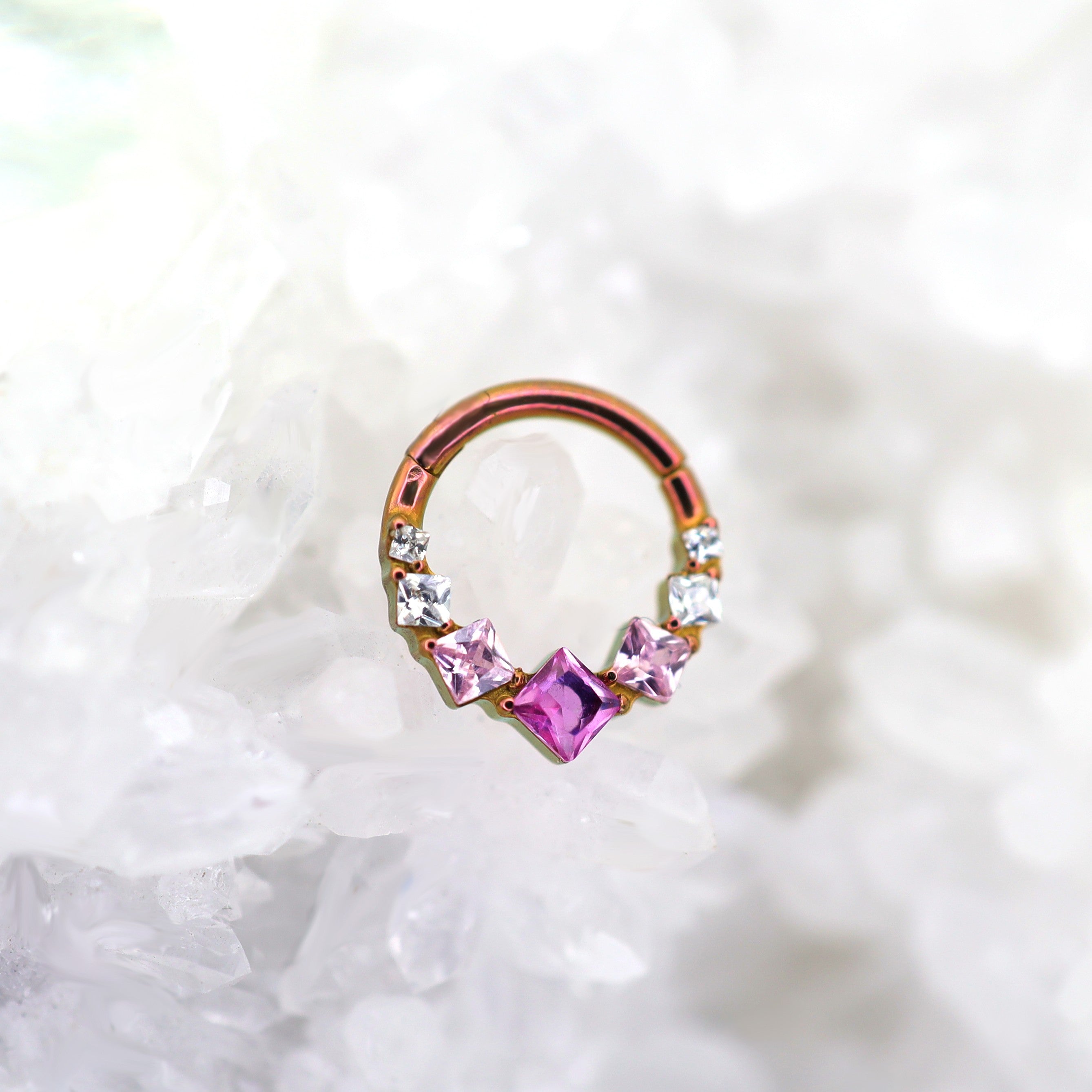 Square-Shaped Rainbow CZ Titanium Segment Hoop - Square-Shaped Rainbow CZ Titanium Segment Hoop - Pink by CRUXJEWELRY