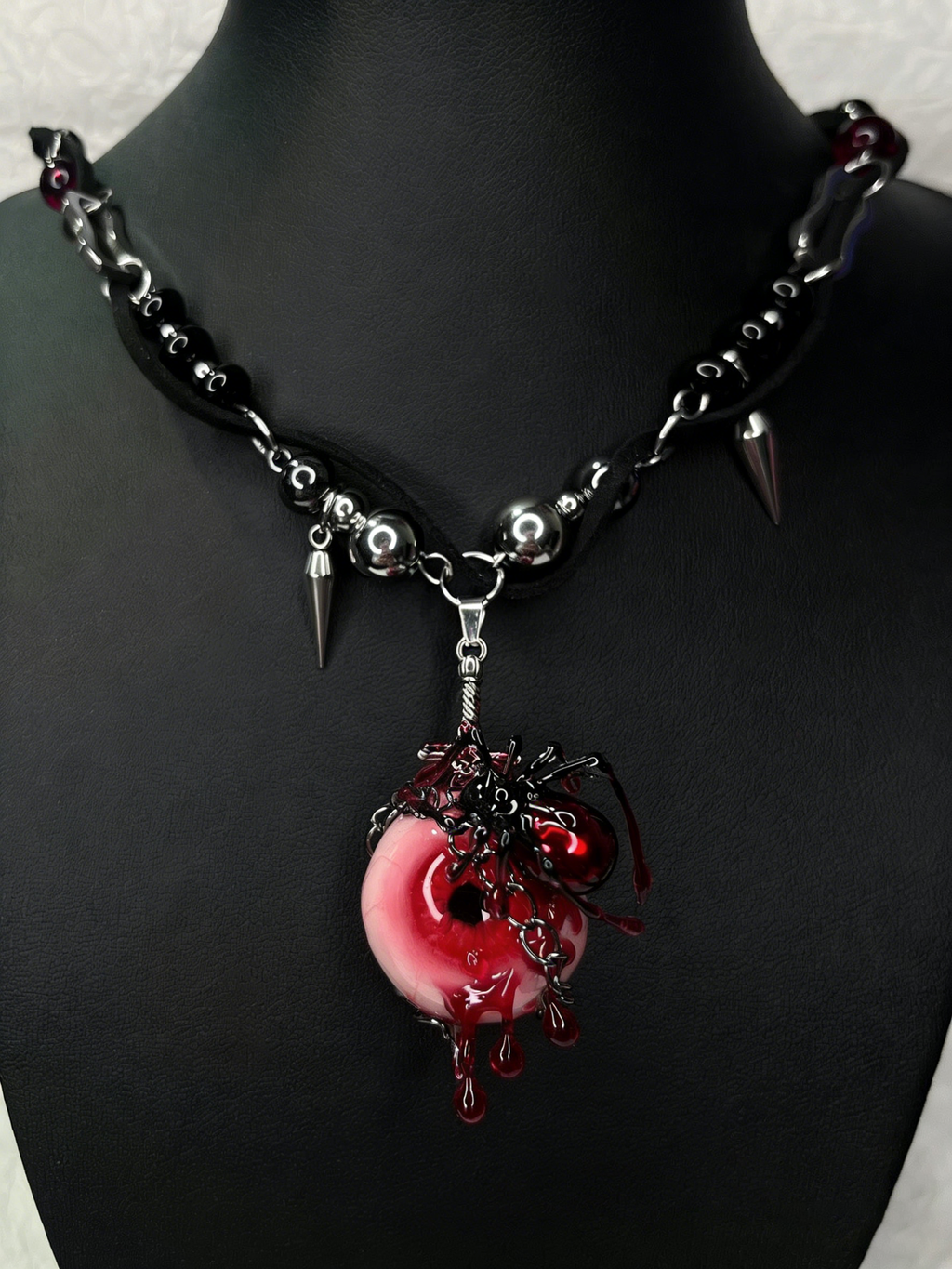 Red Tentacle Heart Layered Necklace - Silver Spider & Cross Charms
