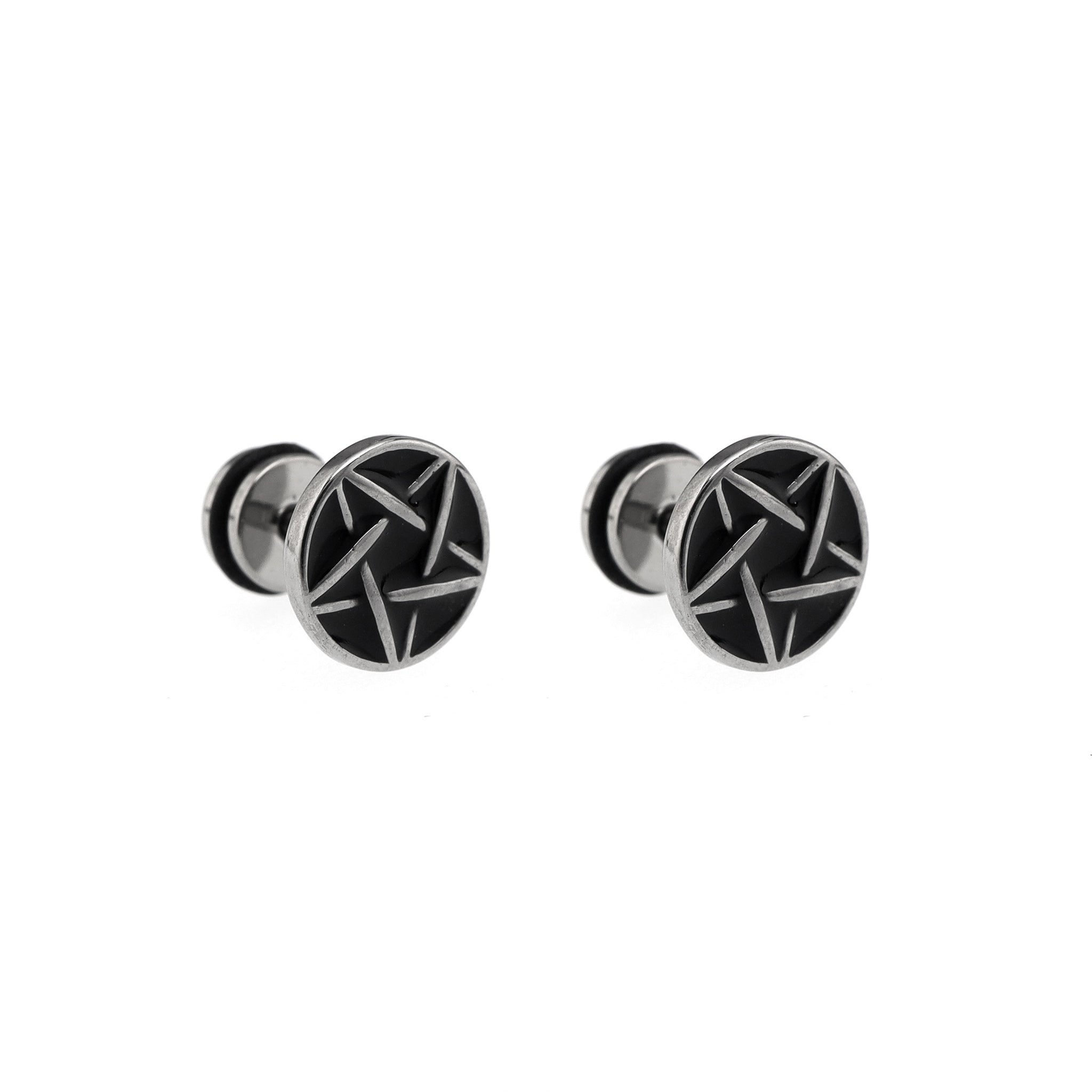 Punk Pentagram Externally Threaded Stainless Steel Ear Studs - Punk Pentagram Externally Threaded Stainless Steel Ear Studs - Pair of Black by CRUXJEWELRY
