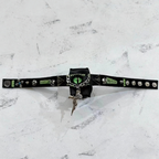 2-in-1 Gothic Black Leather Choker & Wrap Bracelet - Green Dragon Eye Necklace - Gun & Rose Charm - Toxic Punk Style