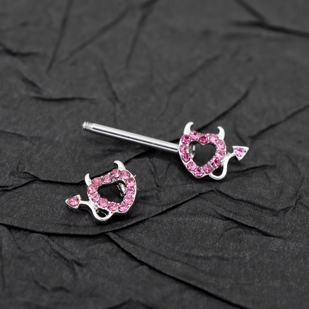 Hot Pink CZ Openwork Demon Heart Stainless Steel Nipple Rings - Hot Pink CZ Openwork Demon Heart Stainless Steel Nipple Rings - Single by CRUXJEWELRY