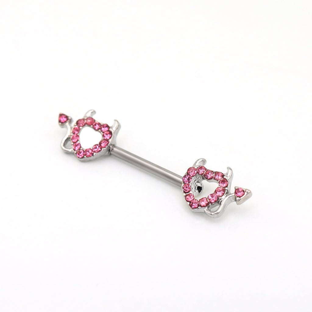 Hot Pink CZ Openwork Demon Heart Stainless Steel Nipple Rings - Hot Pink CZ Openwork Demon Heart Stainless Steel Nipple Rings - Single by CRUXJEWELRY