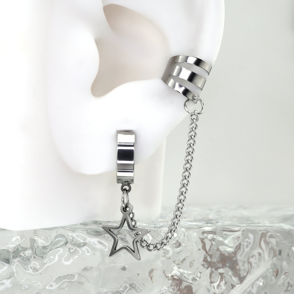 Black & White Chain Pentagram Stainless Steel Ear Clips - Black & White Chain Pentagram Stainless Steel Ear Clips - Black / Single by CRUXJEWELRY