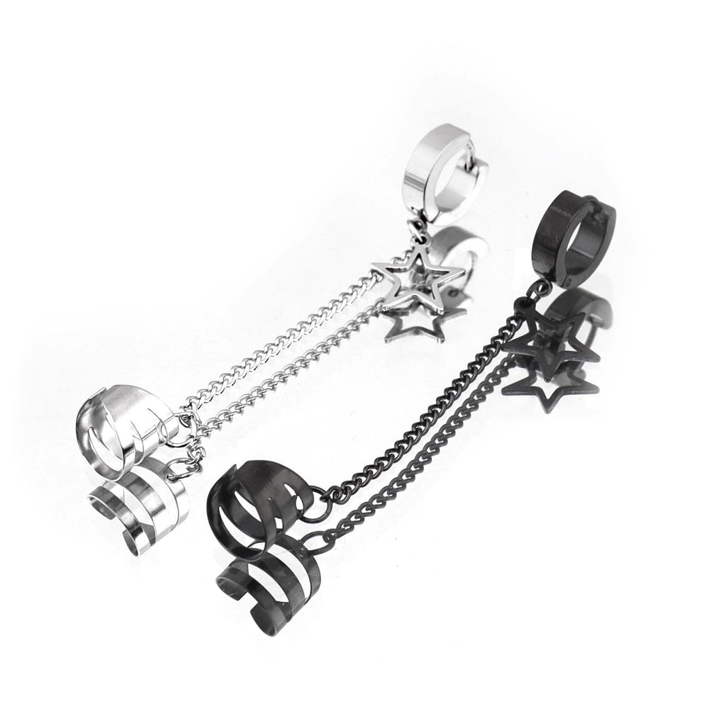 Black & White Chain Pentagram Stainless Steel Ear Clips - Black & White Chain Pentagram Stainless Steel Ear Clips - Black / Single by CRUXJEWELRY