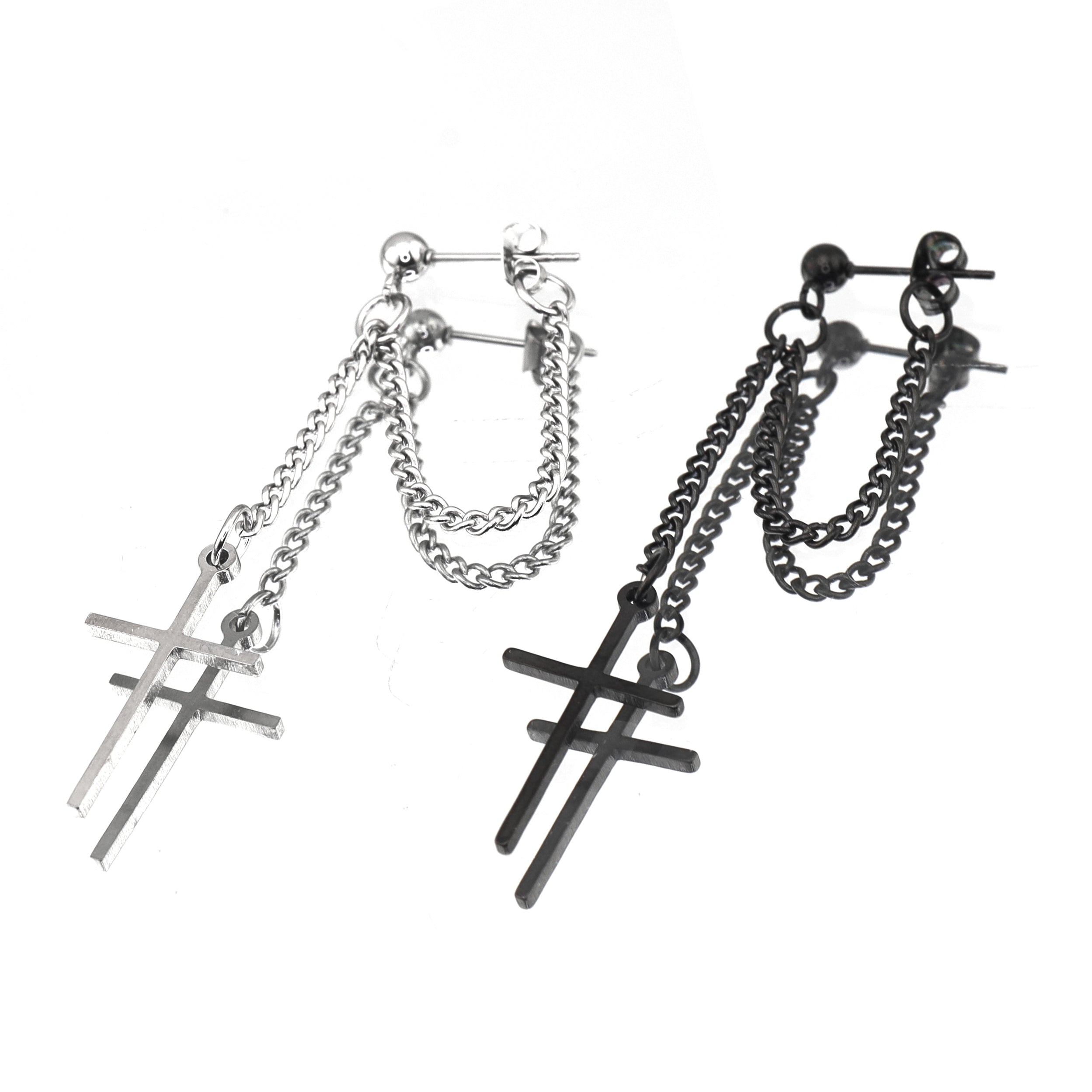 Silver & Black Cross Drop Chain Stainless steel Ear Studs - Silver & Black Cross Drop Chain Stainless steel Ear Studs - Black / Single by CRUXJEWELRY