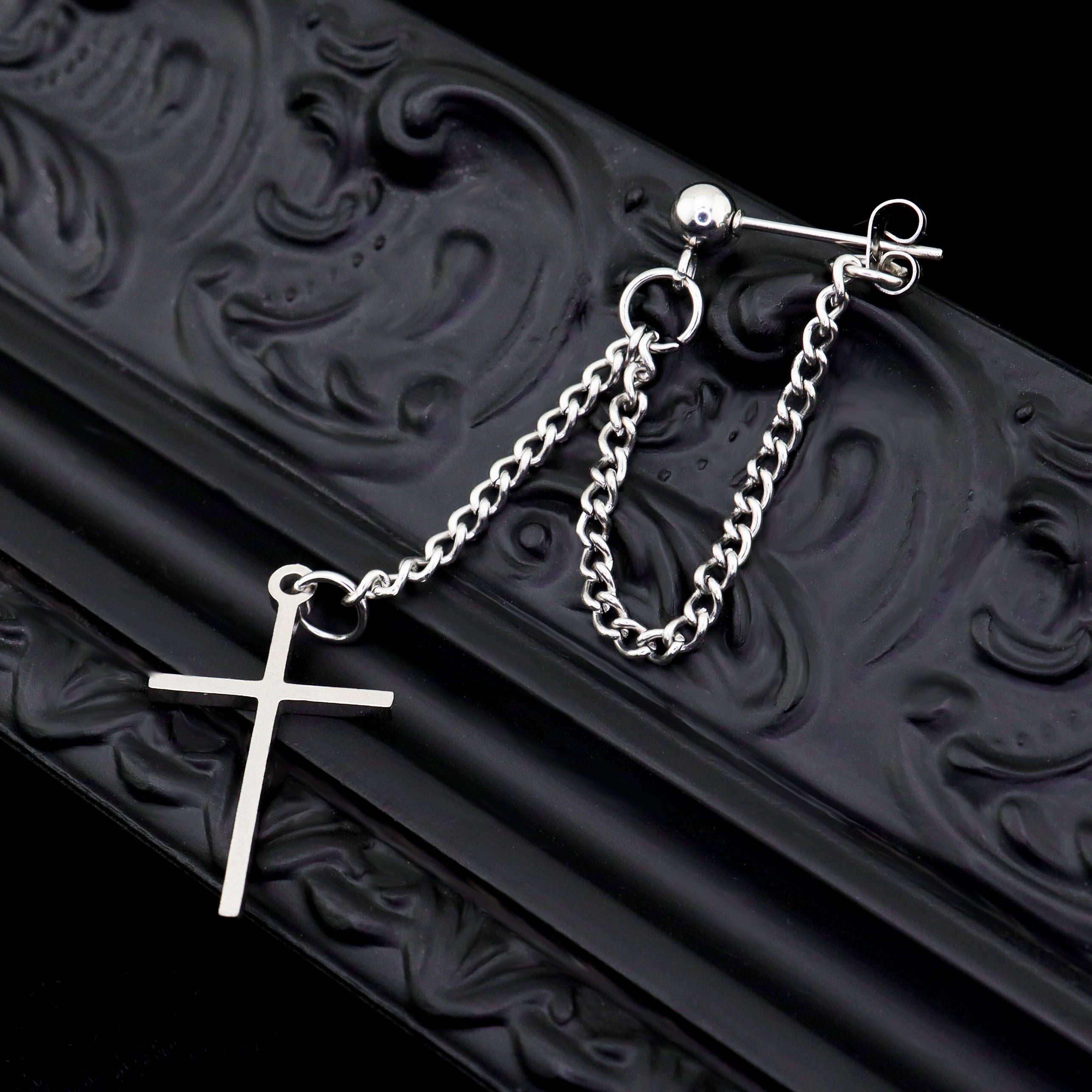 Silver & Black Cross Drop Chain Stainless steel Ear Studs - Silver & Black Cross Drop Chain Stainless steel Ear Studs - Black / Single by CRUXJEWELRY
