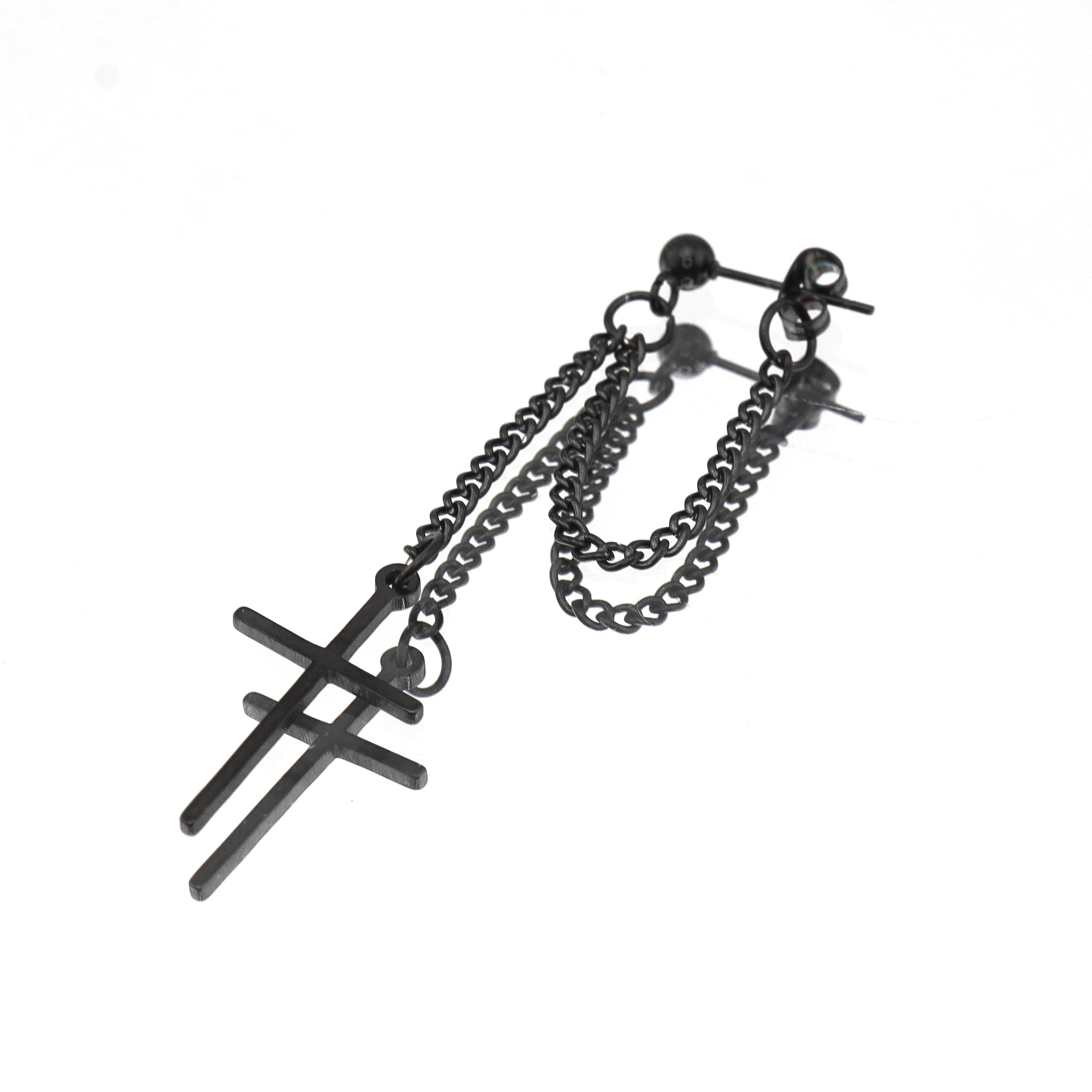 Silver & Black Cross Drop Chain Stainless steel Ear Studs - Silver & Black Cross Drop Chain Stainless steel Ear Studs - Black / Single by CRUXJEWELRY