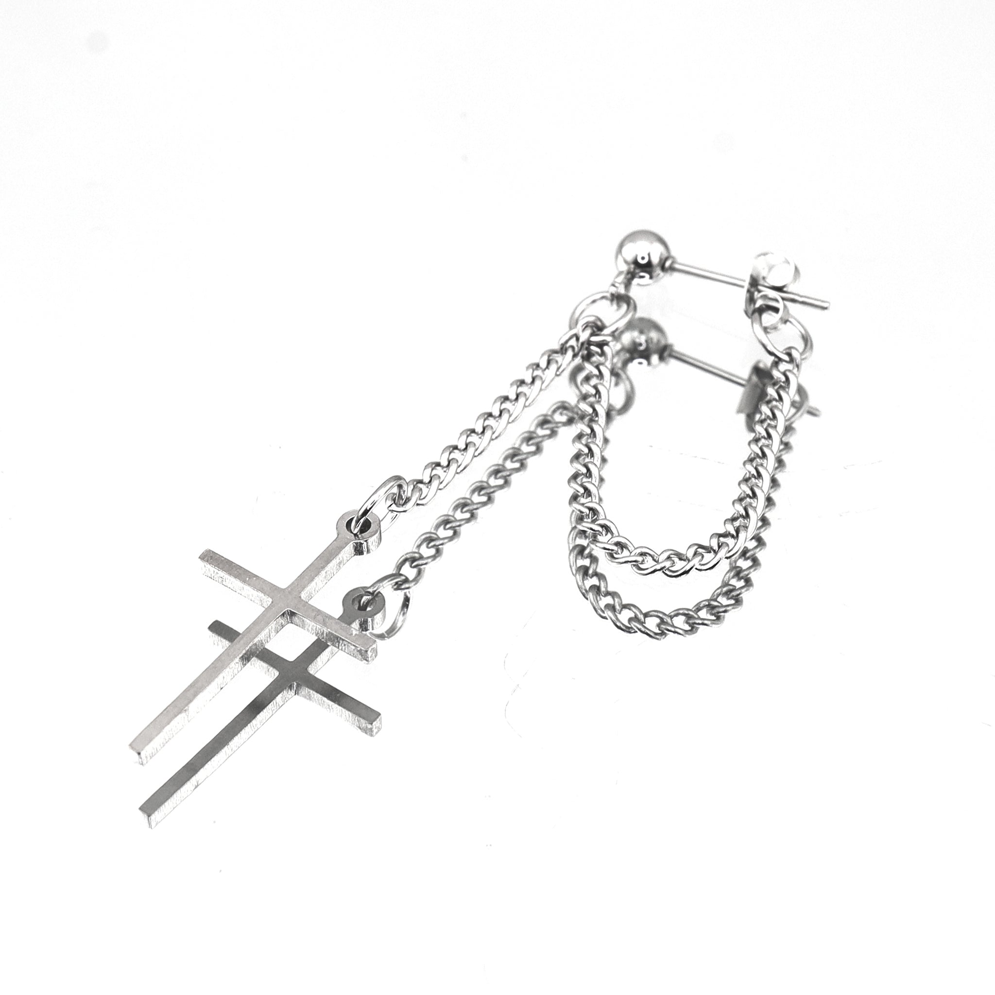 Silver & Black Cross Drop Chain Stainless steel Ear Studs - Silver & Black Cross Drop Chain Stainless steel Ear Studs - Sliver / Single by CRUXJEWELRY
