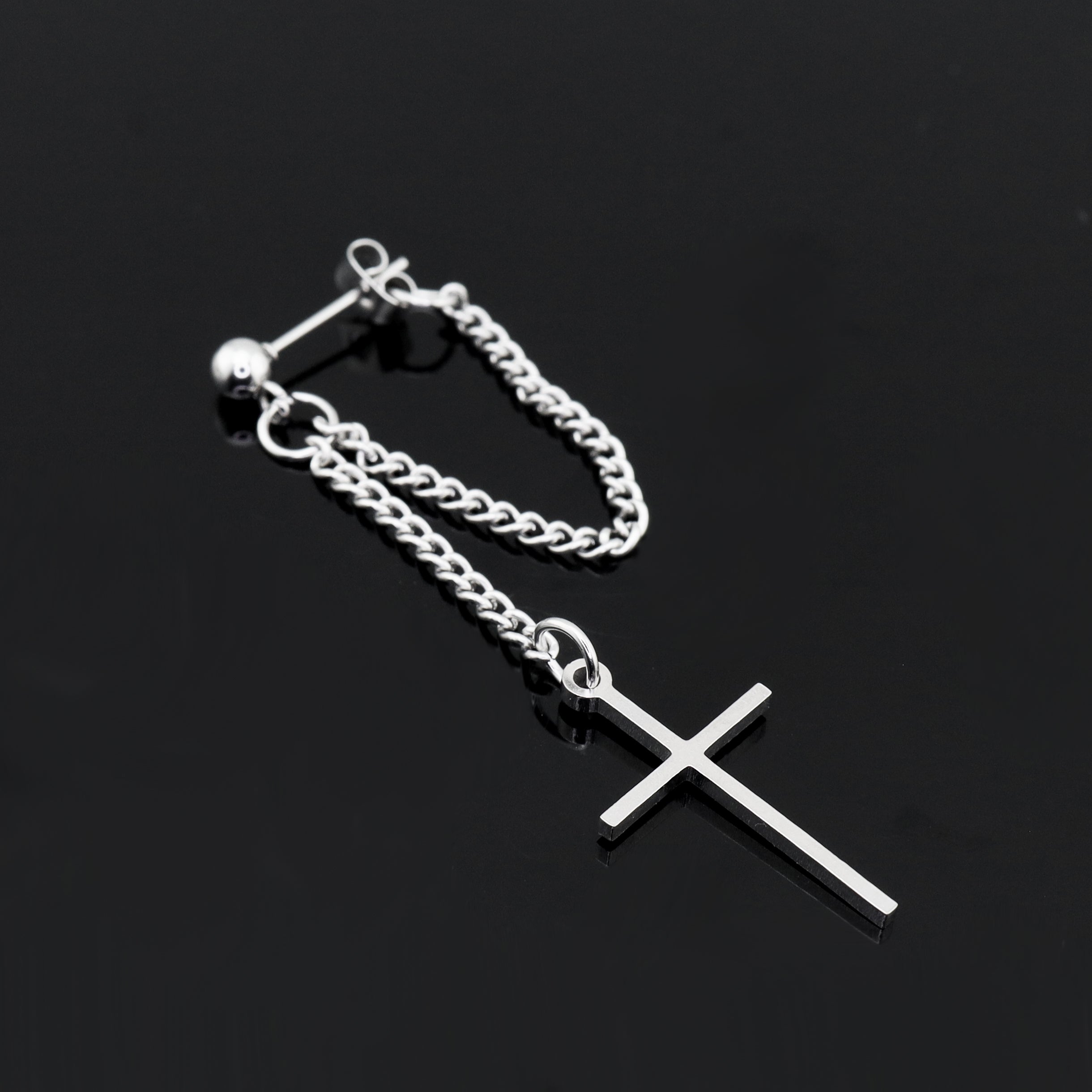 Silver & Black Cross Drop Chain Stainless steel Ear Studs - Silver & Black Cross Drop Chain Stainless steel Ear Studs - Black / Single by CRUXJEWELRY