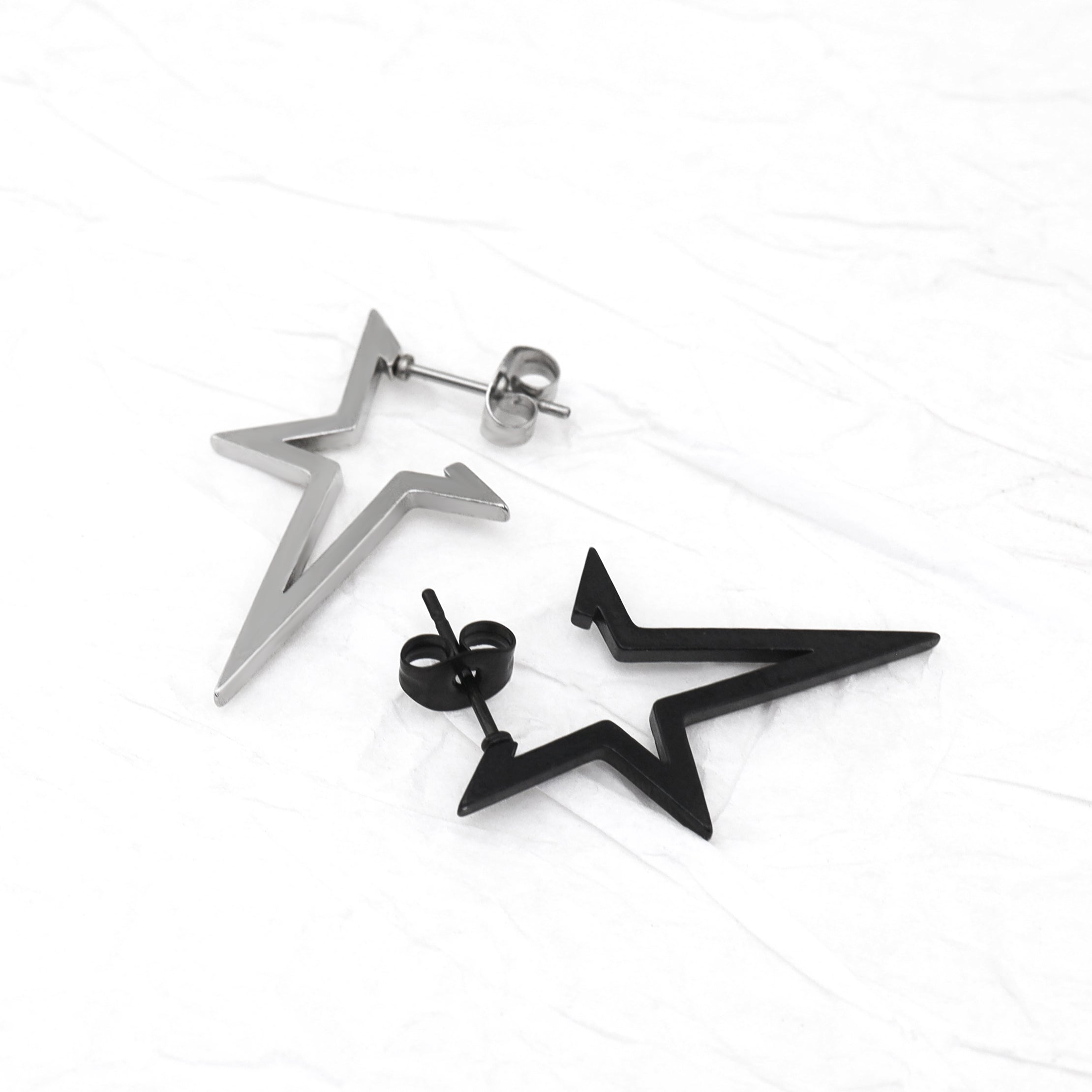 Black & White Large Pentagram Stainless Steel Ear Studs - Black & White Large Pentagram Stainless Steel Ear Studs - Single / Sliver by CRUXJEWELRY