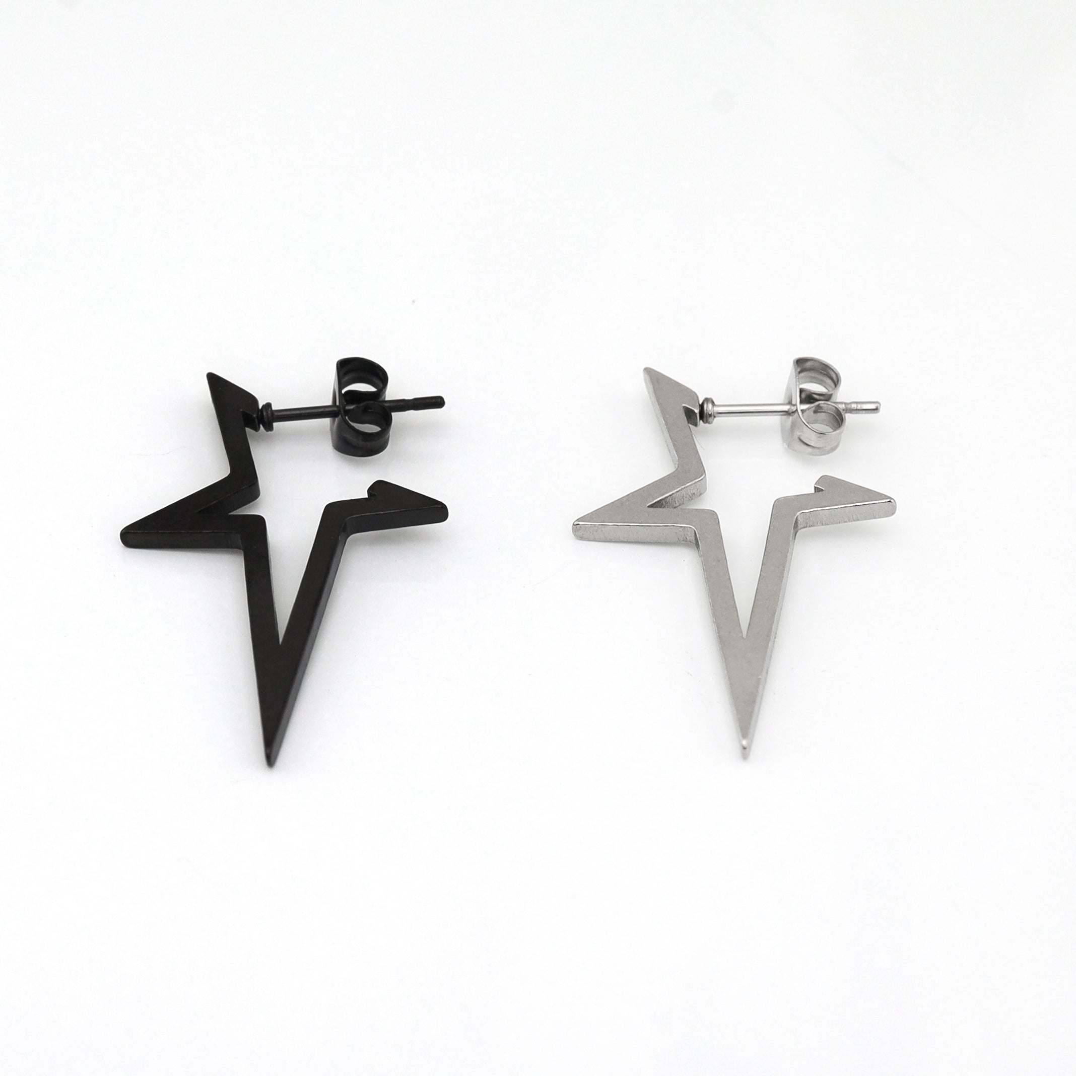 Black & White Large Pentagram Stainless Steel Ear Studs - Black & White Large Pentagram Stainless Steel Ear Studs - Single / Sliver by CRUXJEWELRY