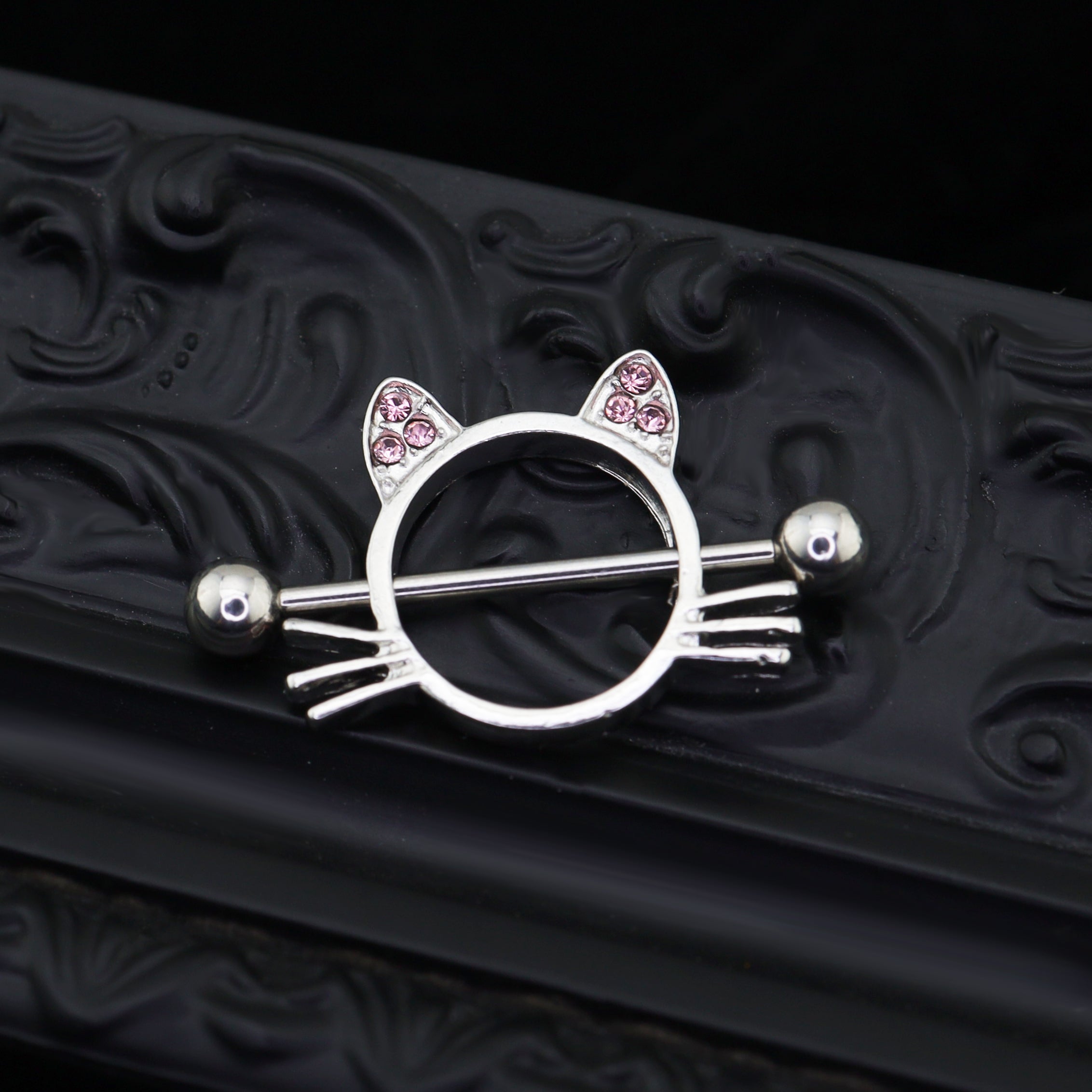 Pink CZ Cat Head stainless steel Nipple Rings - Pink CZ Cat Head stainless steel Nipple Rings - Single by CRUXJEWELRY